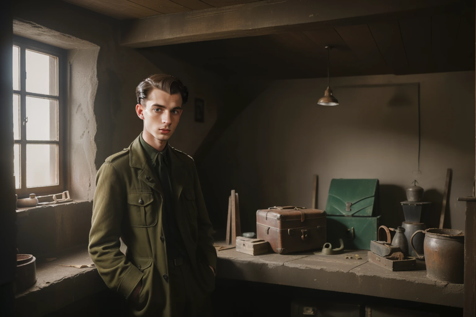 Molching, Germany, 1940. landscape view, ((((24-year-old)) Max Vandenburg)), swampy eyes, thin, jew, cunning, crafty, sharp features, in the basement, with a suitcase, ((fear expression)). ((((casual poor clothings from the 1940)))), ((dark hairstyle of the 1940s))