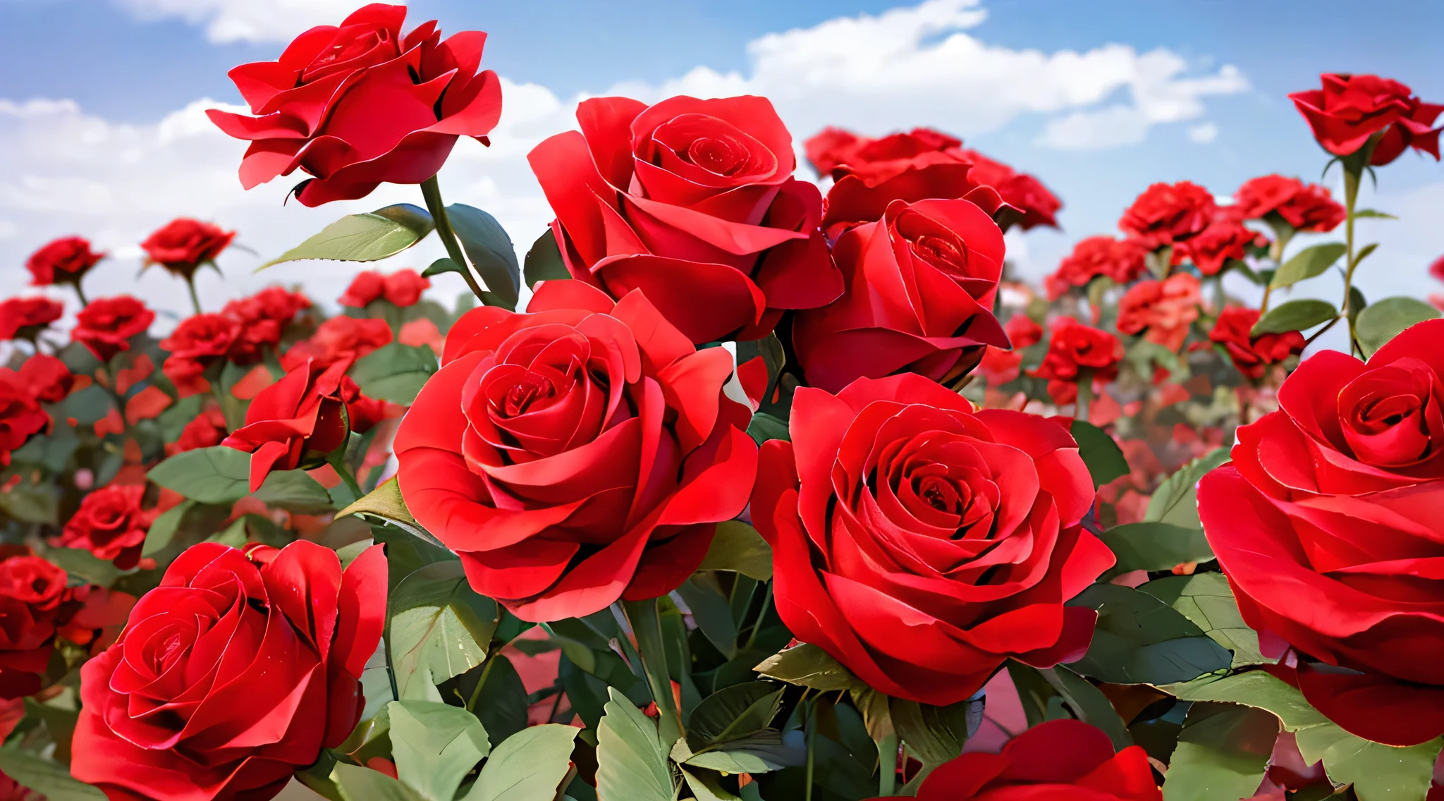 there are many red roses in a field of green leaves, red roses, roses, rosses, red roses at the top, red rose, rose, small red roses, rose garden, red blooming flowers, acclaimed masterpiece, exploding roses, decorative roses, incredibly beautiful, a few roses, red flowers, celestial red flowers vibe, laying on roses, red neon roses