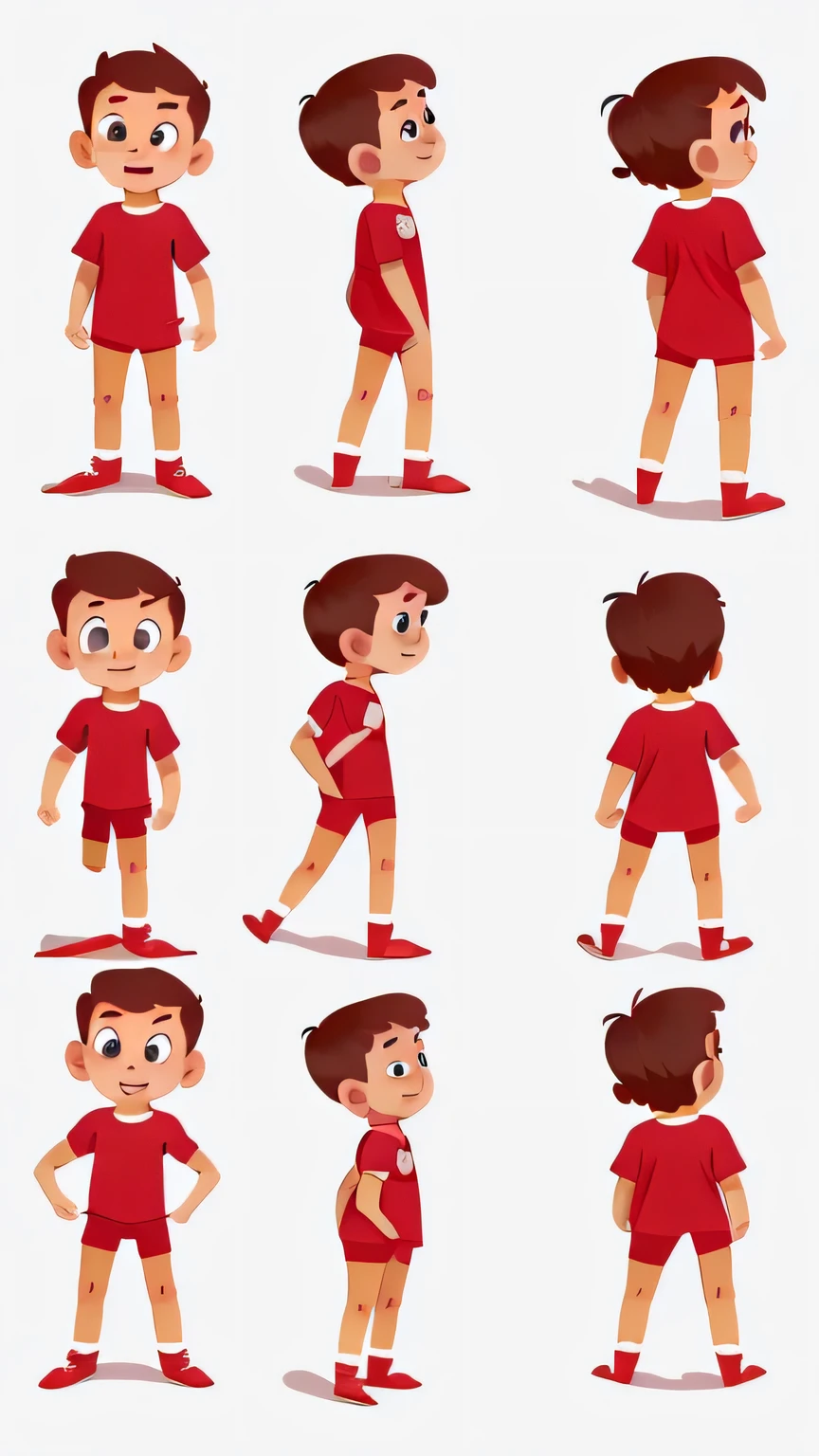 Character sheet, character design, (full body), (front angles, side angles, rear angles),Calvin, red shirt, high quality, 4k, detailed