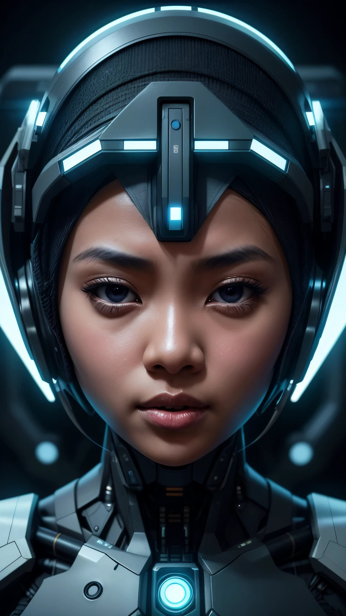 Imagine the Malay girl in hijab in a futuristic command center, strategically coordinating her mecha suit's actions to respond to a crisis, showcasing her leadership and intelligence, 8mm lens, Extreme close-up, pastel color grading, depth of field cinematography effect, film noir genre, 8k resolution, high quality, ultra detail