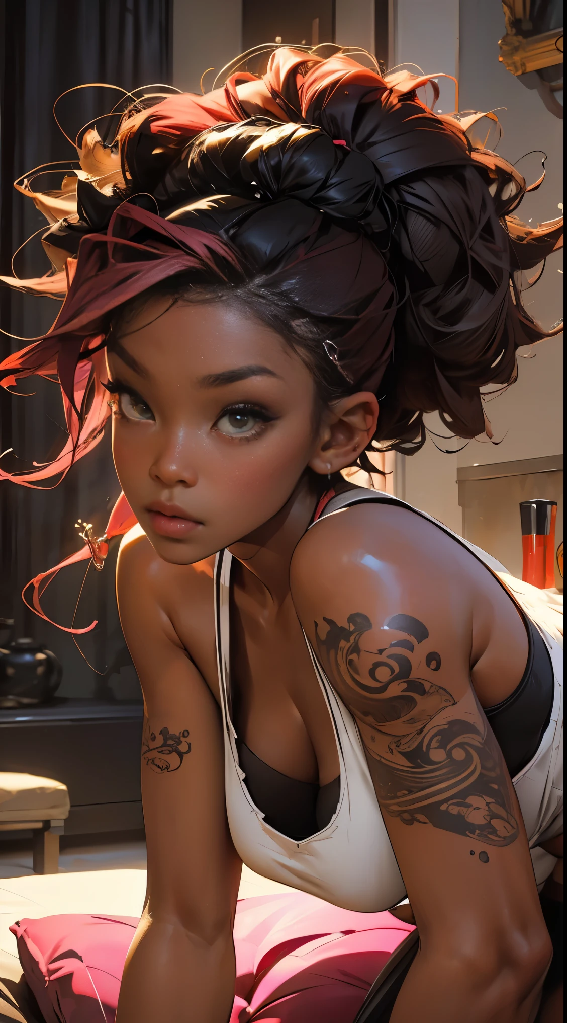 ((21-year-old))) black girl, (((very dark african skin))), (((close up pov full body portrait, sexy seductive slutty pose:1.2))), ((accentuated huge lifted butt, arching her back))), (((very long wavy curly pink hair))), (((wearing white tank top and lace panties, tons of tattoos and piercings))), lots of african tribal tattoo sleeves, dark fantasy art, post apocalyptic art, Rich, Deep Colours, (intricate details:0.9), (HDR, hyper-detailing:1.2), (natural dark african skin textures, hyper realisitc, anime realistic, light, Sharp), luxurious living room background 