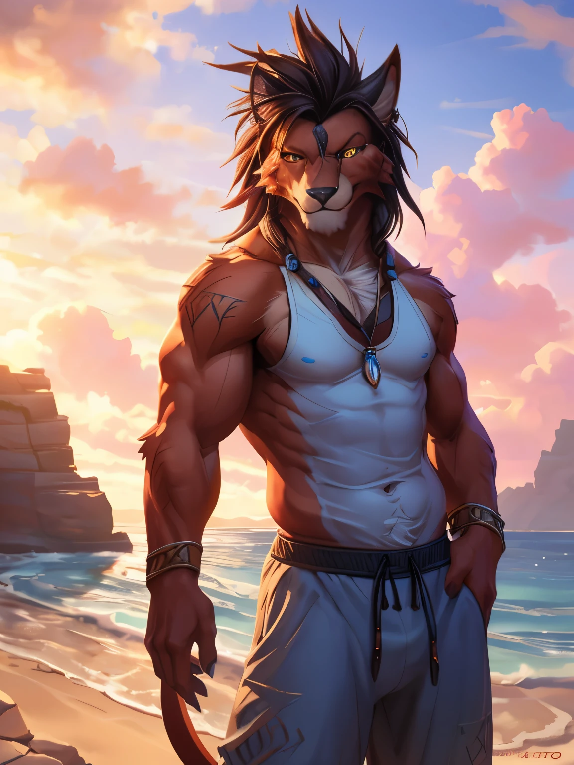 4k, ,8K, A high resolution, best quality, perfect colors, perfect shadows, perfect lighting, posted on e621, (by Chunie, by canyne khai, by t.y.starale), male, furry, anthro, red xiii (final fantasy), muscular, solo, orange eyes, (Realistic eye details 1.2), beach, wearing tank top, wearing jogger sweatpants, Full body like, Slim body, dramatic lighting, soft lighting, day, highly detail, Hair coiled, delight, Standing up position, cool pose charm, Abstract beauty, centre, Looking at the camera, Facing the camera, nearing perfection, Dynamic, highly detailed, illustration, (Realistic background), ((Bonifasko lighting)), (Detailed eyes), perfect pupils, detail eyes, detail fluffy fur, (seductive face:1.2), fit body, Looking at the camera,, fit body, perfect male figure, Detailed fur, Detailed face, Perfect face, Detailed background, (Complex), (Super Detail), (Ultra Clear), (Best Quality)