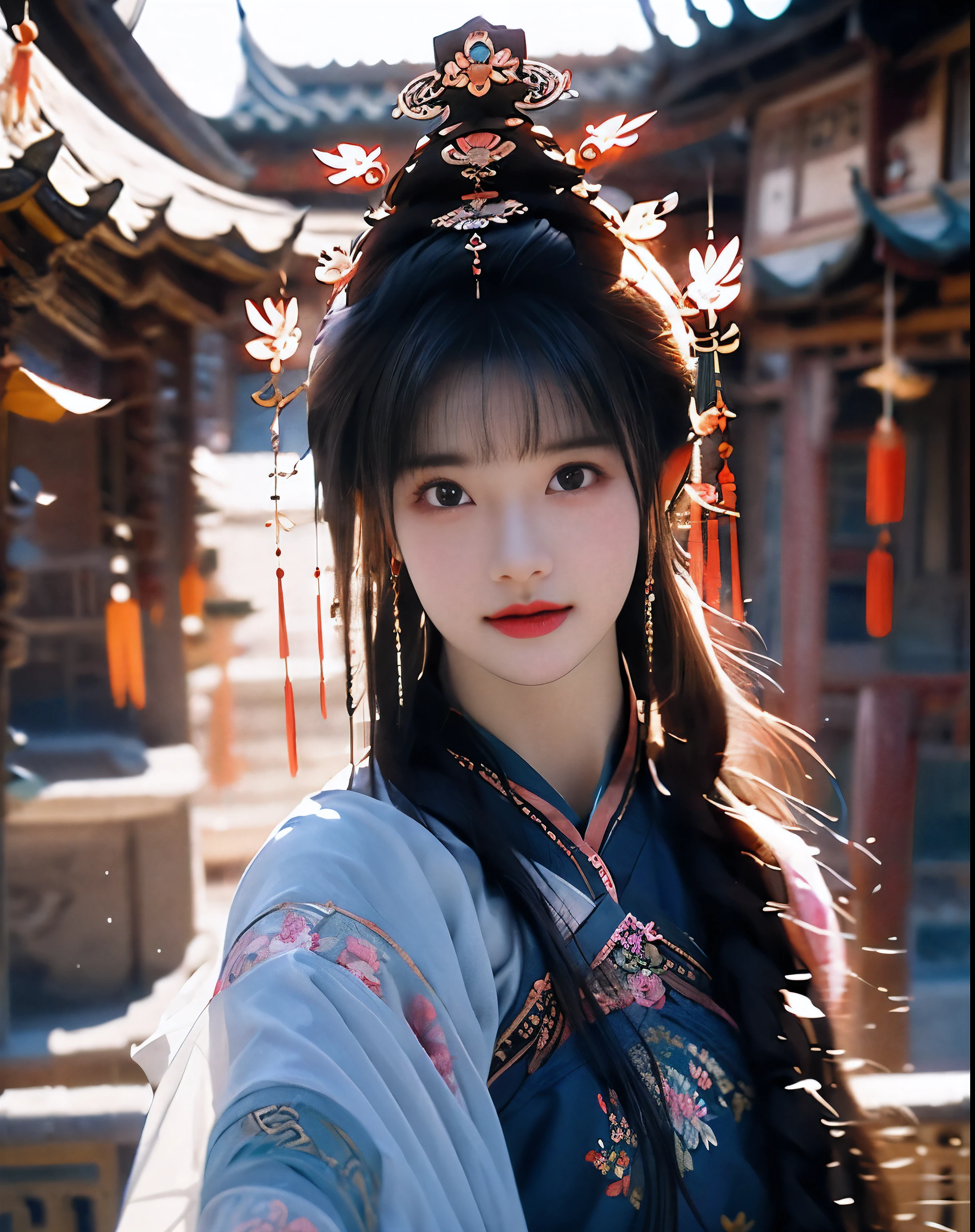 (8k, original photo:1.2), best quality, ultra High resolution,dramatic angle,(Fluttering detail color splash), (illustration),(((1 girl))),(long hair),(rain:0.9), (hat:1.4),There is an ancient palace next to the girl,Hanfu,(focus),color ink painting,(Splash color),Splash color,(((colorful))),(sketch:0.8) , masterpiece, best quality, beautiful painting, High detailed,(Denoise:0.6),[splash ink],((Ink refraction)), (beautiful detailed sky),moon,High,detailed,(masterpiece, best quality, Very detailed） CG unity 8k壁纸，masterpiece，best quality，Super detailed），（lycoris），