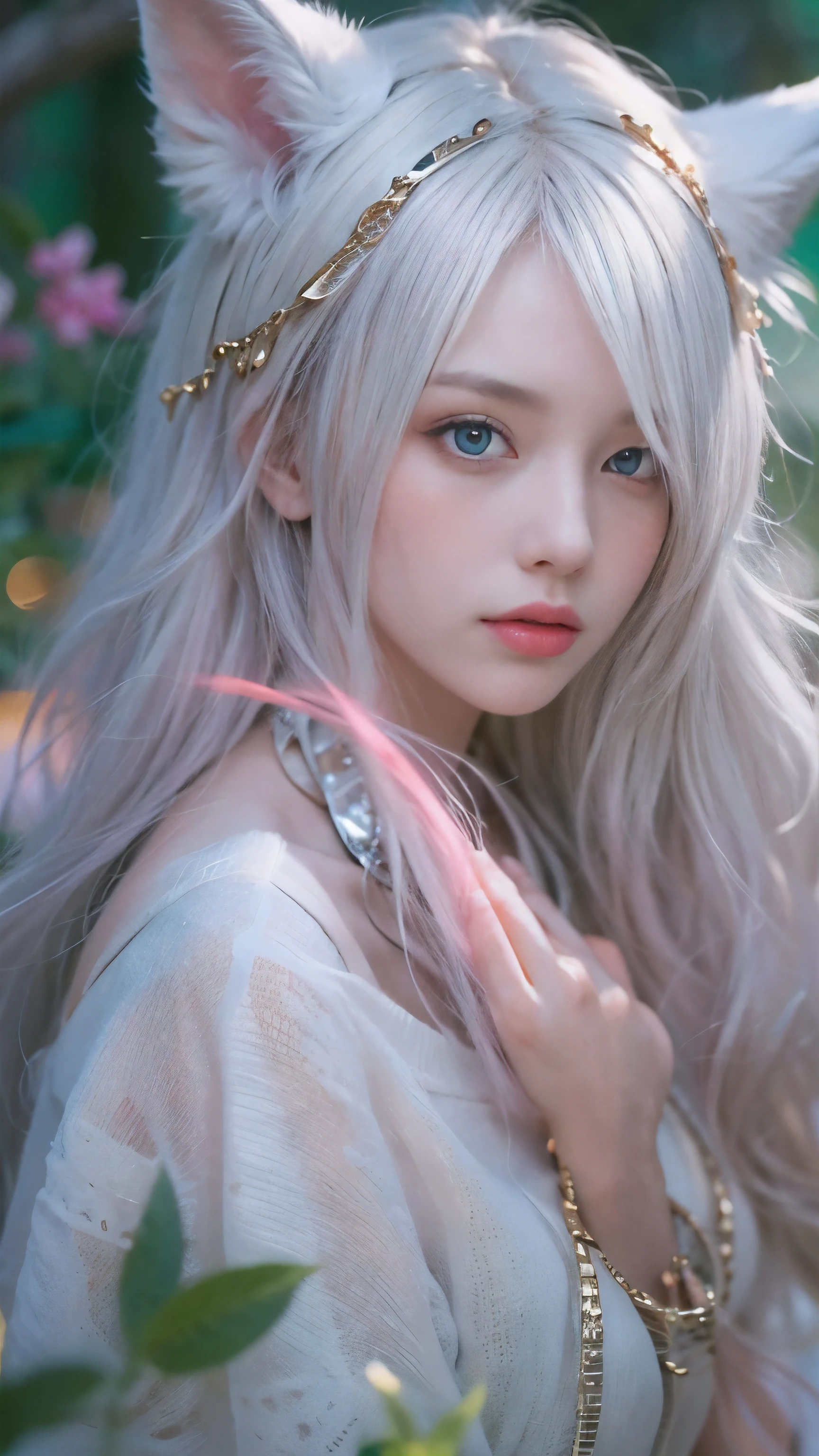 masterpiece，super high quality，panoramic，the only person，live model，1 White-haired girl with fox ears，pink highlights，colorful clothes，bare shoulders，five fingers，in the forest at night，full-body shot，super detailed，Delicate eyes and facial features，perfect appearance，Fire source lighting effect，，light occlusion，dusk，twilight