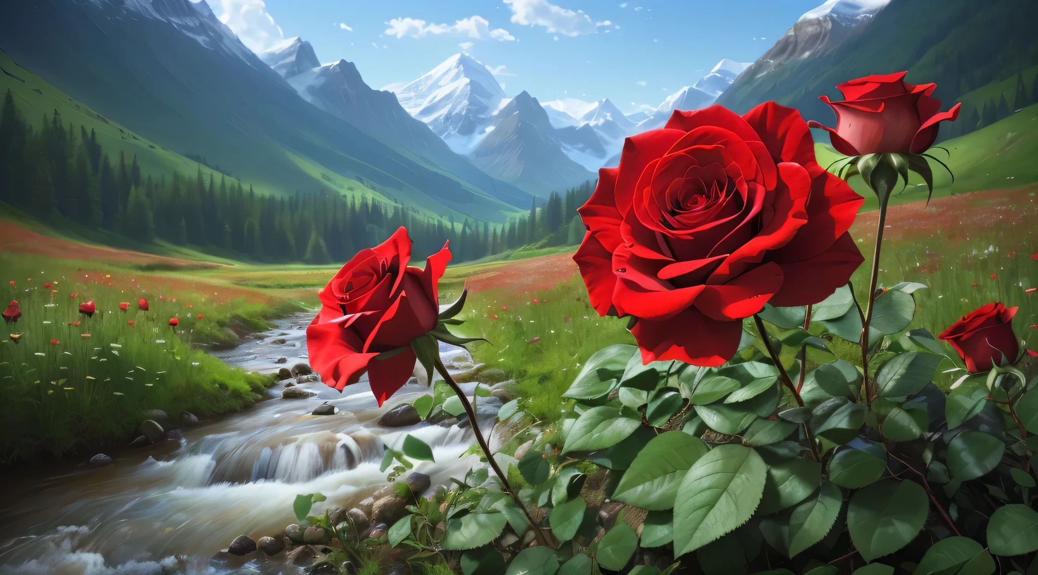 there are many red rose flowers in the field near a mountain stream, by Igor Grabar, by Alexander Kucharsky, 8k resolution digital painting, 8 k resolution digital painting, digital painting highly detailed, beautiful digital painting, high quality digital painting, stunning nature in background, highly detailed digital painting, marc adamus, very beautiful scenery, incredibly beautiful