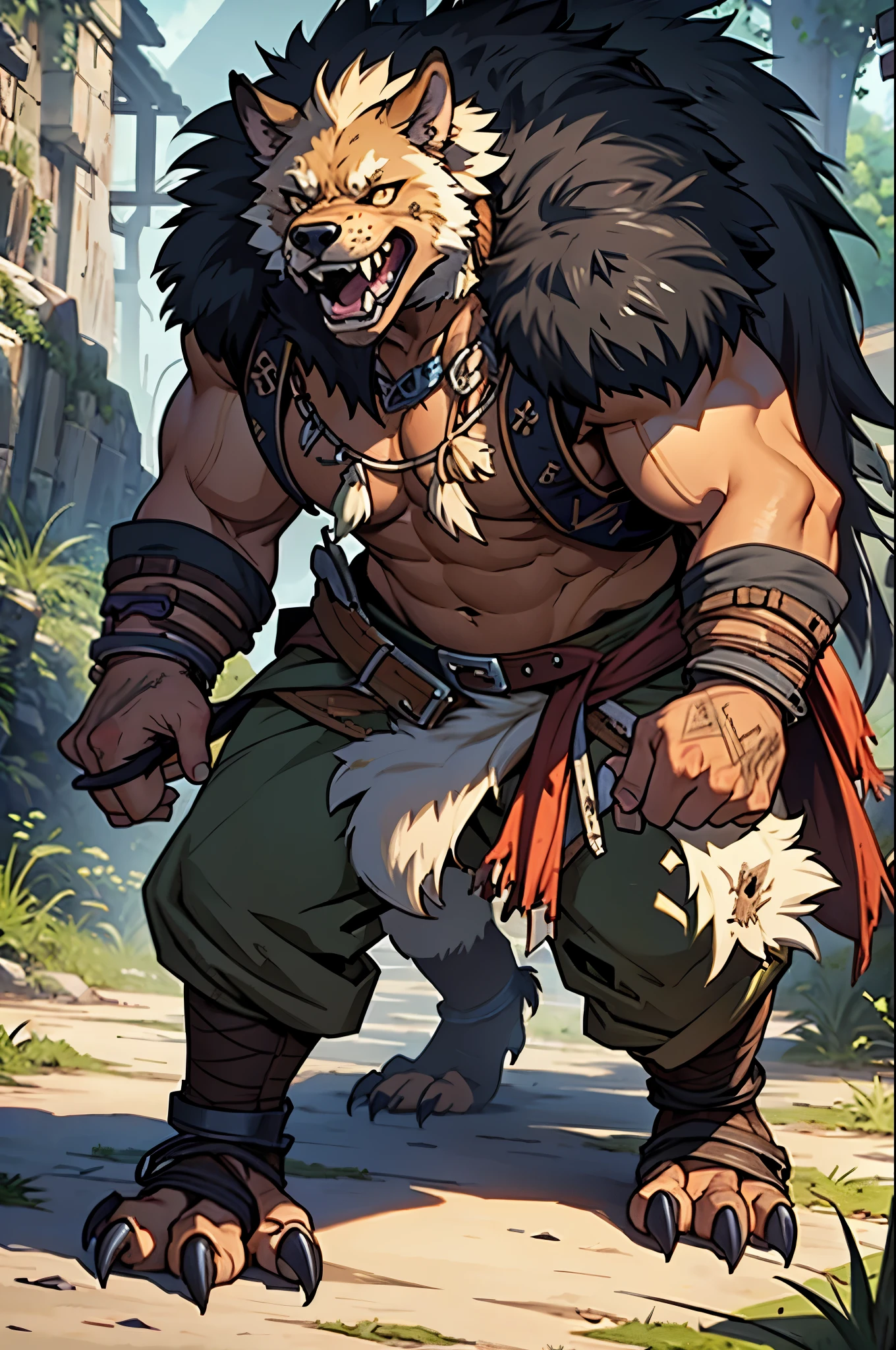 Furry,solo,gray wolf, blue Eyes, Chunky, big pecs,bare belly, Wear an adventurer's outfit,There is a red cloth.,red scarf,Behind is a mountain.,There is a waterfall.,Standing on the rocks by the waterfall,High resolution imageHDR,4K