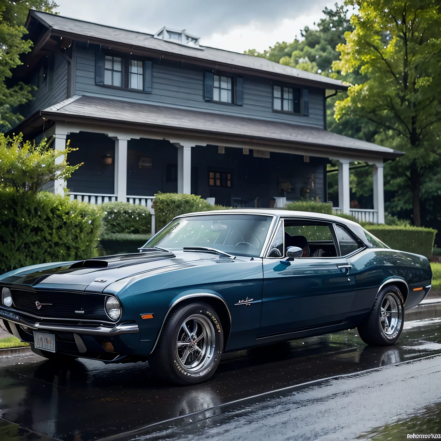 Generate a hyper-realistic, detailed front view of a classic muscle car with a supercharger, modified for peak performance. Place the car on a beautiful, long, wet road during a rainy day with intermittent sunshine. Emphasize the vibrant colors of the surroundings, showcasing the reflections on the wet surface. Ensure the scene is set during daytime, allowing for the play of sunlight and raindrops. Opt for a close front view, highlighting the intricate details of the modified elements, the car's front facade, and the surrounding environment. Pay meticulous attention to the ground, adding small rocks and scattered leaves to enhance the realism of the scene. Prioritize vivid colors, dynamic lighting, and detailed realism to create a visually stunning and immersive AI-generated image.