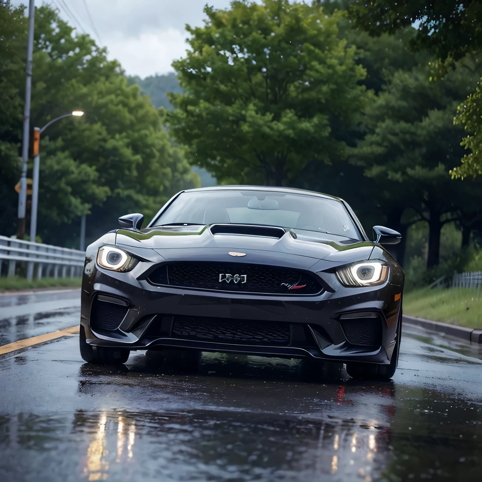 Generate a hyper-realistic, detailed front view of a classic muscle car with a supercharger, modified for peak performance. Place the car on a beautiful, long, wet road during a rainy day with intermittent sunshine. Emphasize the vibrant colors of the surroundings, showcasing the reflections on the wet surface. Ensure the scene is set during daytime, allowing for the play of sunlight and raindrops. Opt for a close front view, highlighting the intricate details of the modified elements, the car's front facade, and the surrounding environment. Pay meticulous attention to the ground, adding small rocks and scattered leaves to enhance the realism of the scene. Prioritize vivid colors, dynamic lighting, and detailed realism to create a visually stunning and immersive AI-generated image.