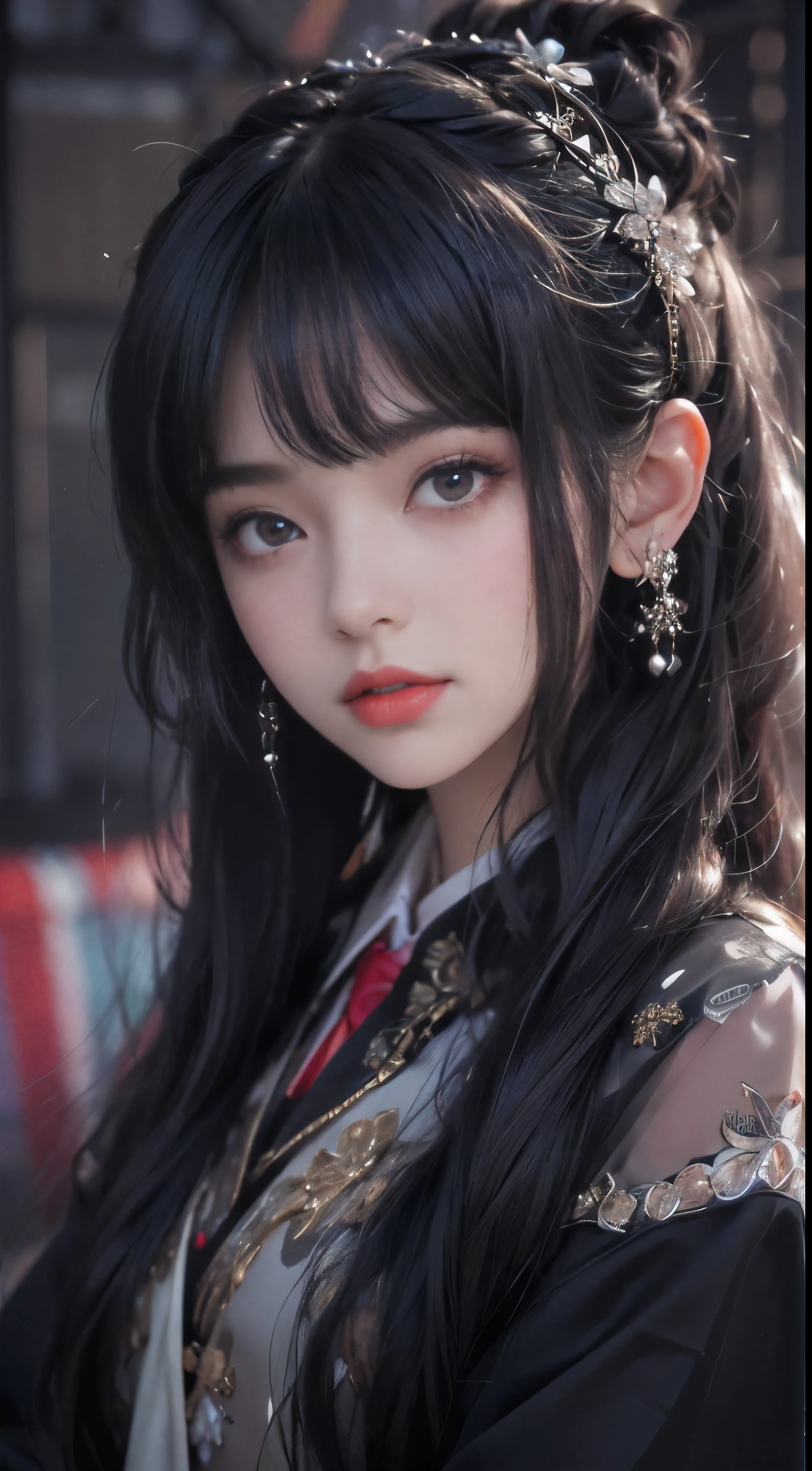 best quality, (lifelike:1.2), 1 girl, alone, Detailed face, Face focus, Permanent installation, black hair,(hair accessories:1.35),female office worker, Bow sleeves, Detached sleeves, Ribbon decoration, wide sleeves, (looking at the audience:1.5) long hair, black eyes, Bangs, lips,