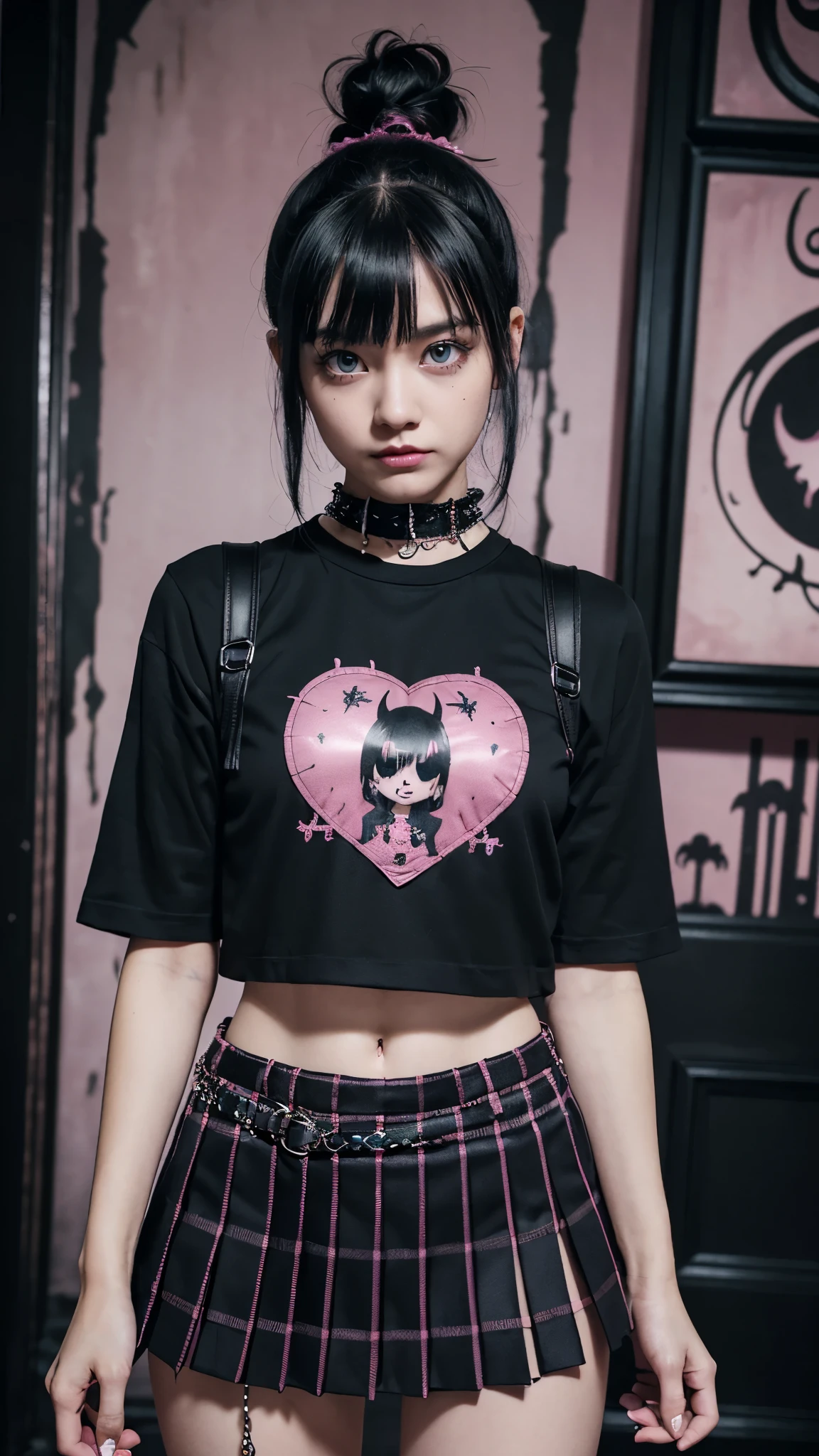 (Ultra-detailed eyes), (((textile shading))), (((Best Quality))), (((masutepiece))), (((Ultra-detailed CG))), sassy girl, (((magical ))), (), (tiny chest), black hair, black hair, black hair, black hair, Spooky Season In Punk hairstyle, ((pucca hair with bangs,  gorgeous hair)), Pink eyes, (((Spooky Season In Punk Outfits))), ((spooky punk a pose)), (((Game CG)) (gorgeous, sassy, it girl), fancy jewelry, haunted house, dark day, strong Spooky Season In Punk atmosphere, strong haunted house atmosphere, cowboy shot, midshot, centered image, eye on camera, heart panel baby tee, black pleated mini skirt, pastel color