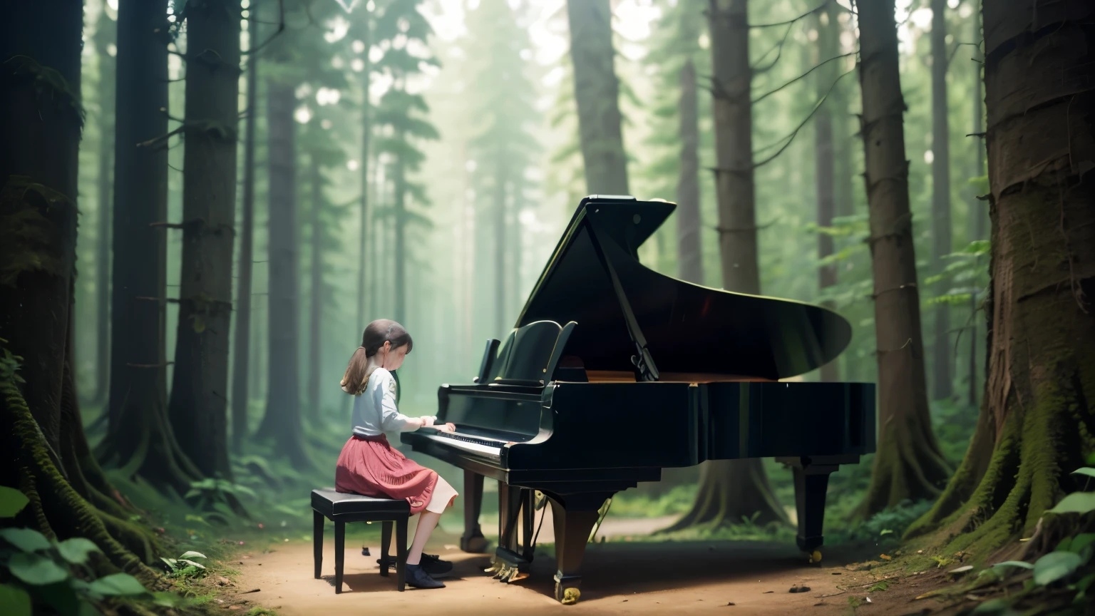 Girl playing piano in the forest