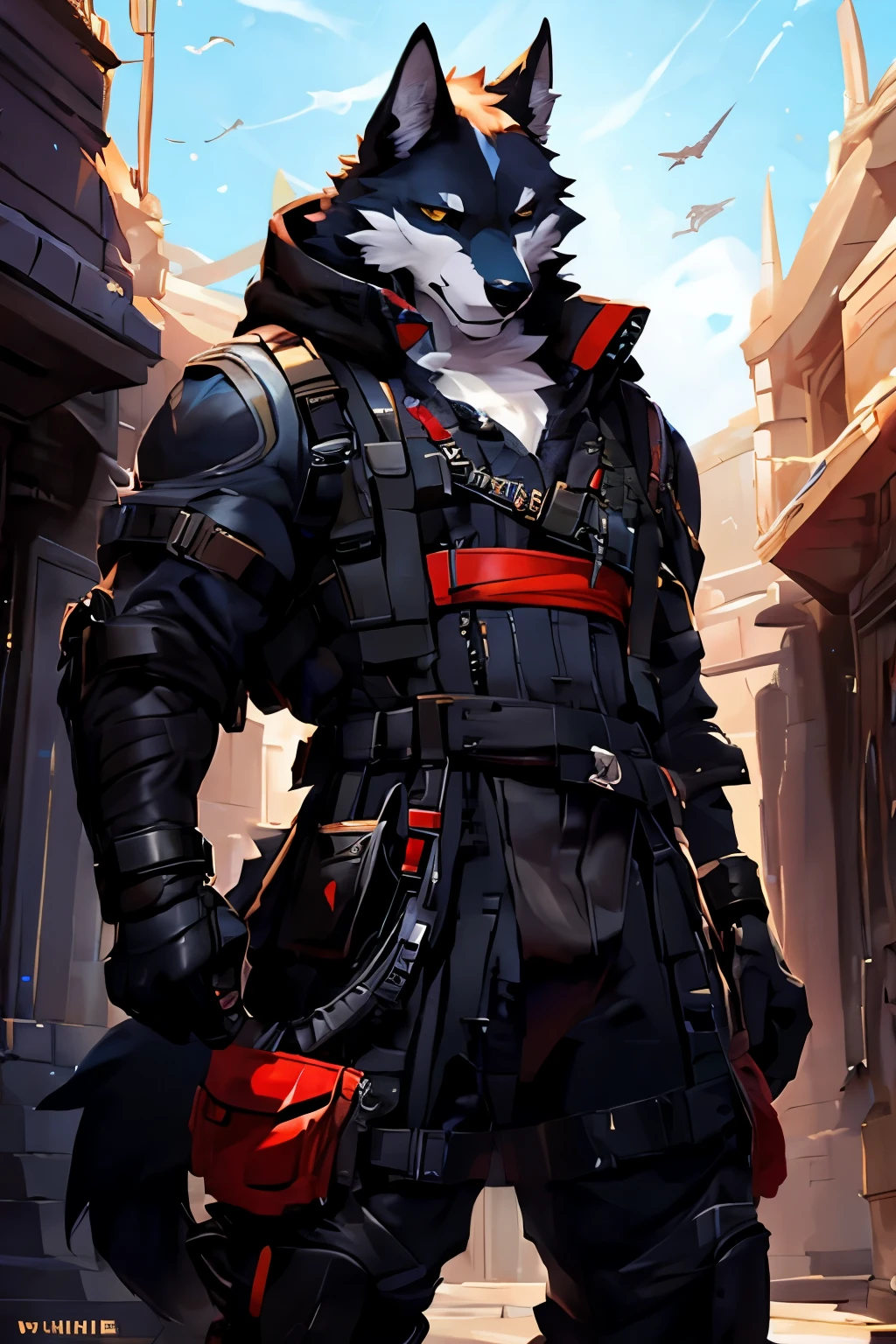 4k, ,8K, A high resolution, best quality, perfect colors, perfect shadows, perfect lighting, posted on e621, (by Chunie, by canyne khai, by t.y.starale), male, furry, Wolf anthro, solo, yellow eyes, (Realistic eye details 1.2), urbansamuraiwear, (urbansamurai_v0.3), Urban Background, Full body like, Slim body, dramatic lighting, soft lighting, day, highly detail, Hair coiled, delight, Standing up position, cool pose charm, Abstract beauty, centre, Looking at the camera, Facing the camera, nearing perfection, Dynamic, highly detailed, illustration, (Realistic background), ((Bonifasko lighting)), (Detailed eyes), perfect pupils, detail eyes, detail fluffy fur, (seductive face:1.2), fit body, Looking at the camera,, fit body, perfect male figure, Detailed fur, Detailed face, Perfect face, Detailed background, (Complex), (Super Detail), (Ultra Clear), (Best Quality)