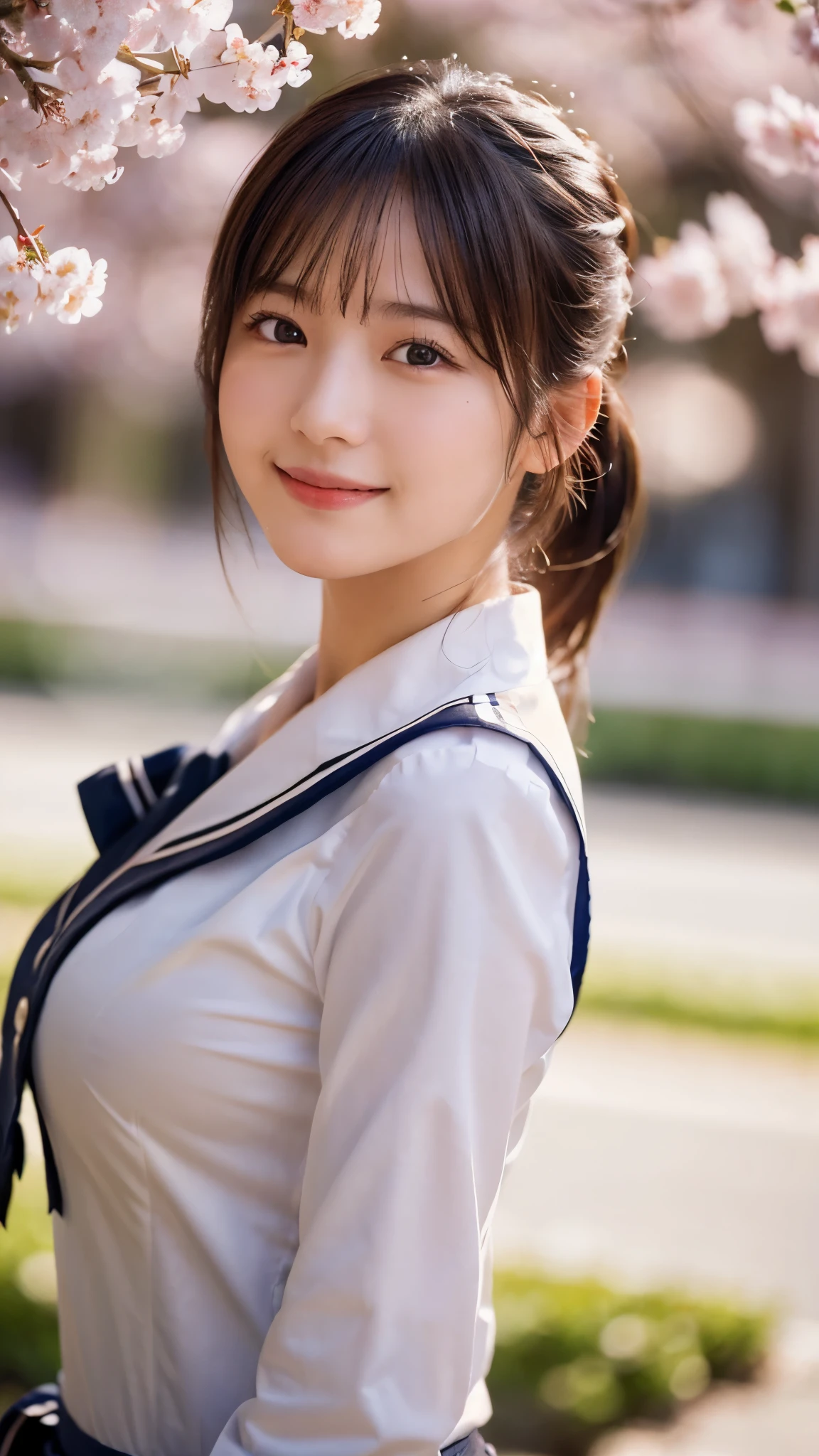 (highest quality,masterpiece:1.3,ultra high resolution),(Super detailed,caustics,8k),(photorealistic:1.4,RAW shooting),1 girl,(smile and look down at the camera),(front shot:1.1),(face forward),18-year-old,cute,Japanese,black short ponytail,school uniform,glamorous,(big boobs),( close up),(breast focus),street,cherry blossoms,sunshine,Natural light,(Backlight),(A bright light shines from behind),(Lens flare),professional writing,(cowboy shot),(low position:1.4),(Low - Angle:1.4)