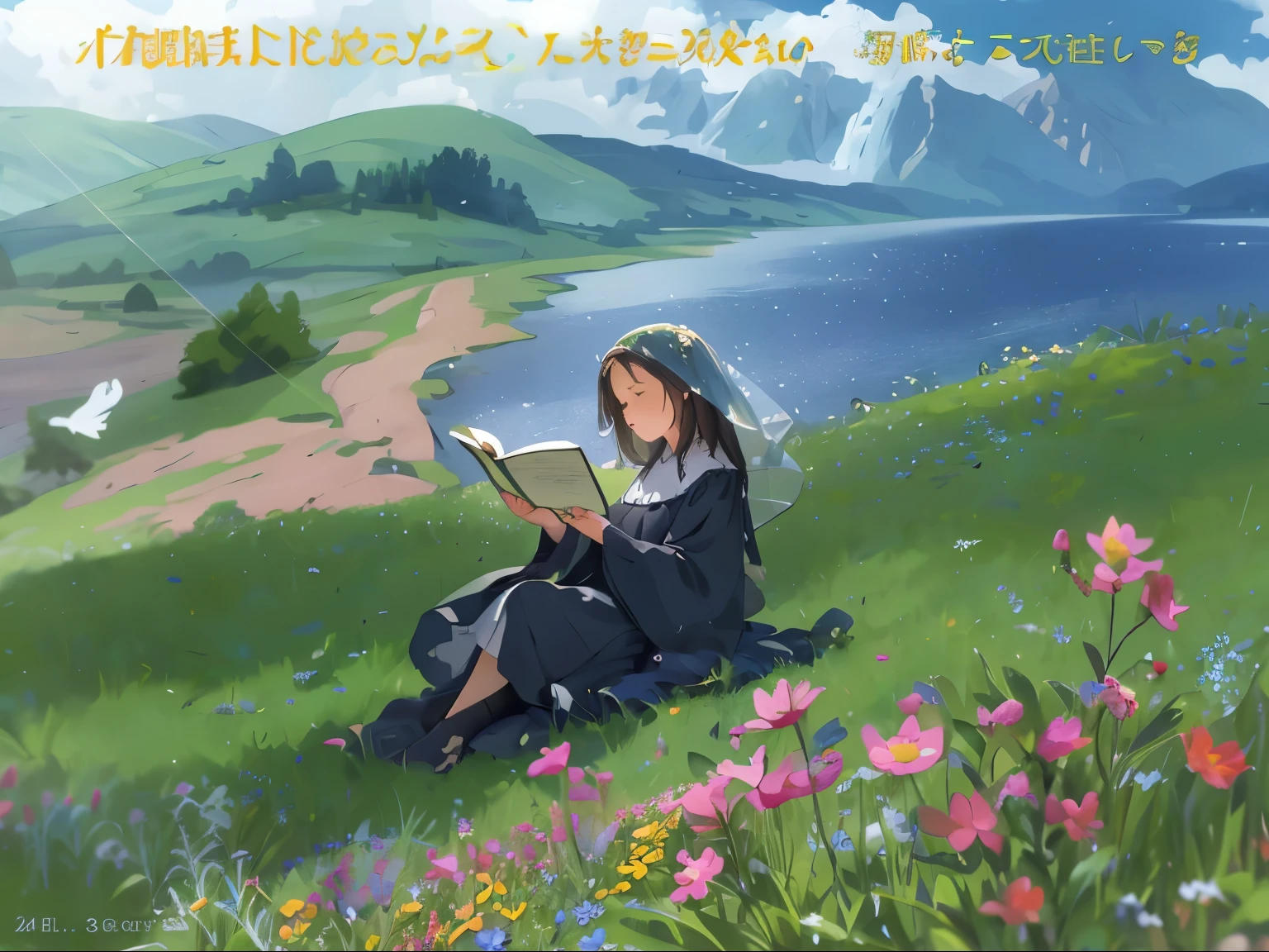 On a green plain sits a girl, veiled, reading a book, flowers, dew drops, blue sea, forest, bay, island, blue sky, clouds, seagulls.
BREAK The most appropriate effect for this scene is the watercolor technique of capturing the softness of the meadow and the fluidity of movement. A man far away playing with his young children High resolution Intricate details, many details, a masterpiece, high quality, maximum quality