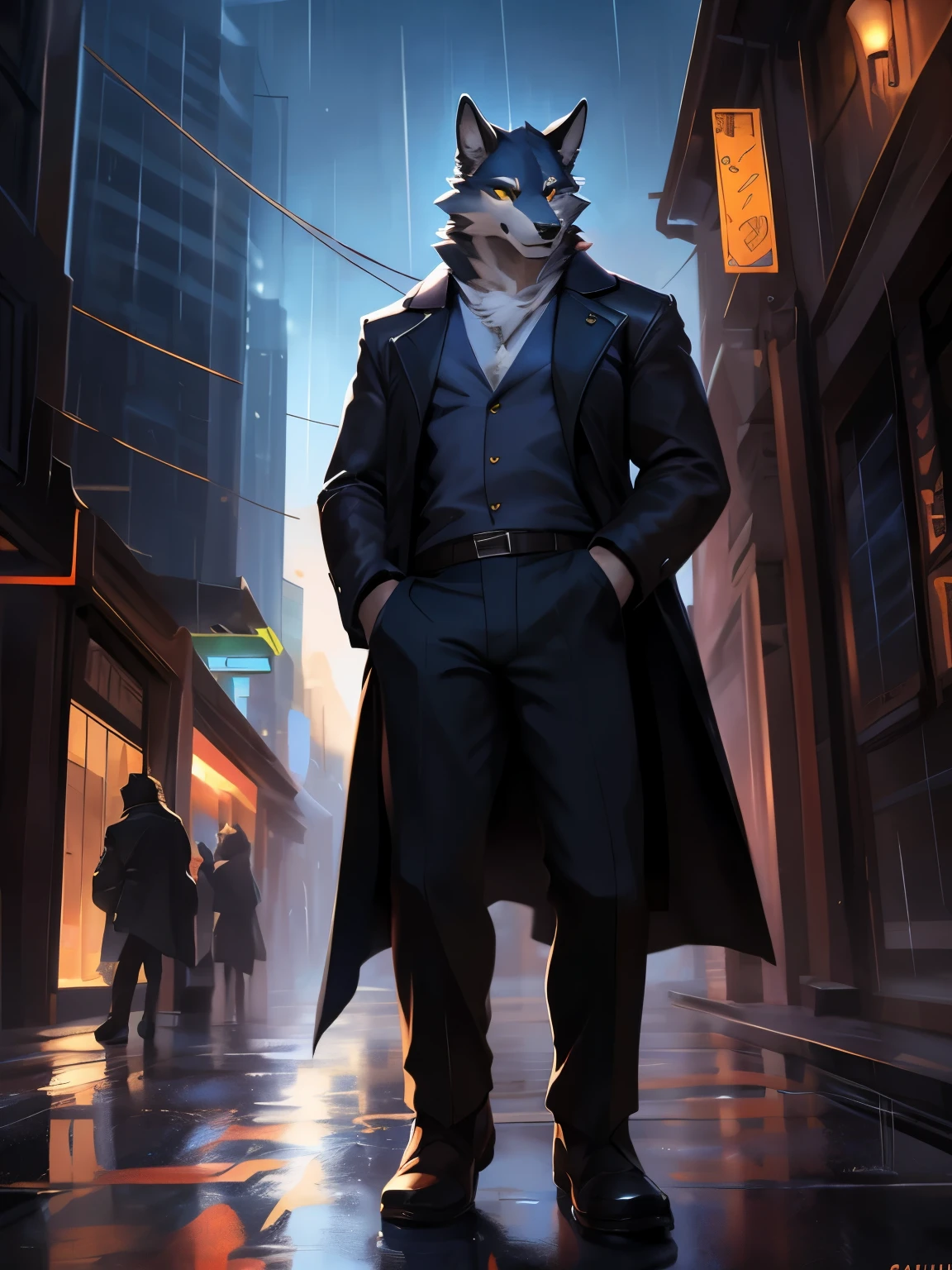 4k, ,8K, A high resolution, best quality, perfect colors, perfect shadows, perfect lighting, posted on e621, (by Chunie, by canyne khai, by t.y.starale), male, furry, Wolf anthro, solo, yellow eyes, (Realistic eye details 1.2), night city, rain, coat, hands in pockets, (Complex), (Super Detail), (Ultra Clear), (Best Quality)
