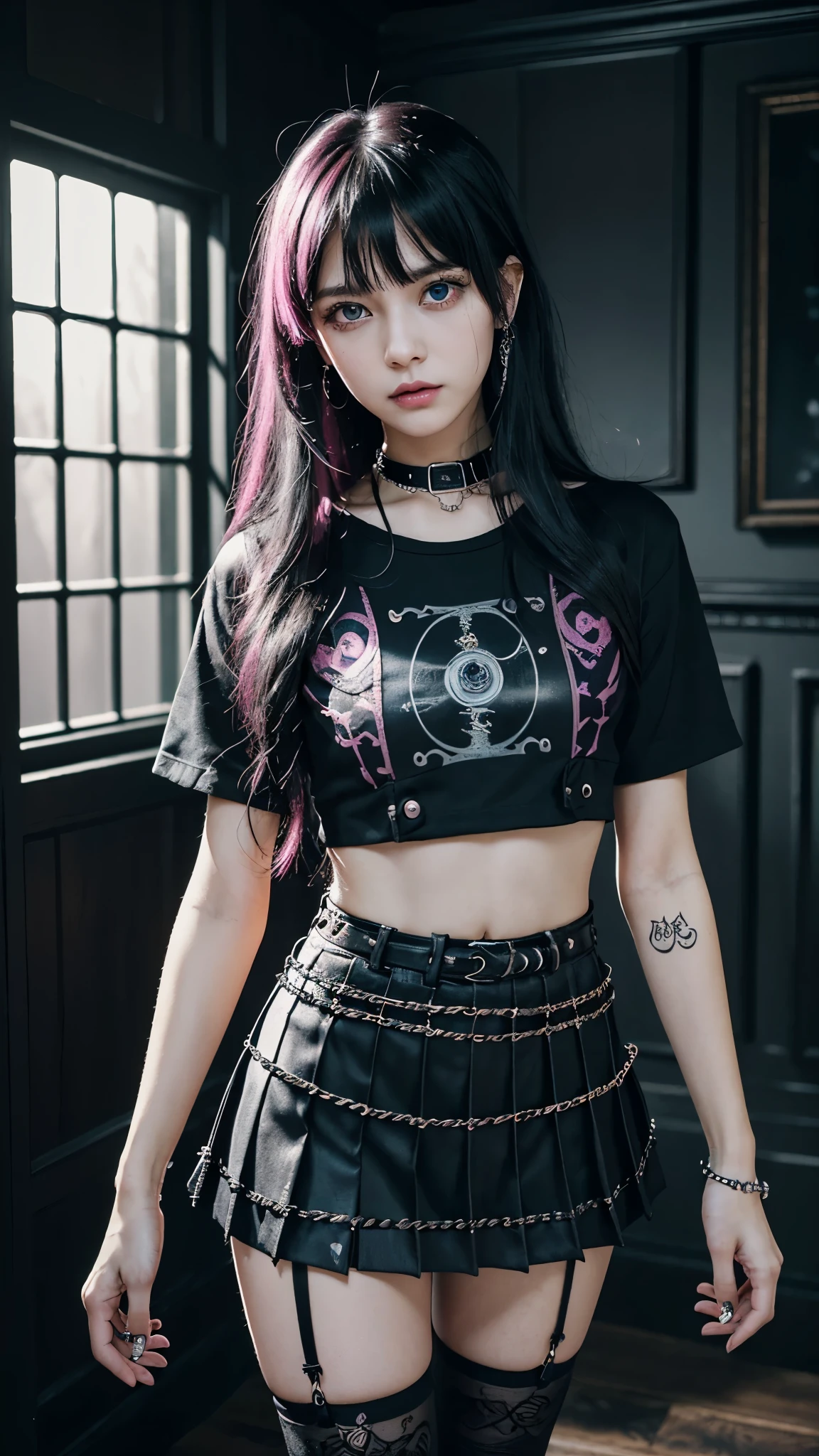 (Ultra-detailed eyes), (((textile shading))), (((Best Quality))), (((masutepiece))), (((Ultra-detailed CG))), sassy girl, (((magical ))), (), (tiny chest), black hair, black hair, black hair, black hair, Spooky Season In Punk hairstyle, ((long hair with bangs,  gorgeous hair)), Pink eyes, (((Spooky Season In Punk Outfits))), ((spooky punk a pose)), (((Game CG)) (gorgeous, sassy, it girl), fancy jewelry, haunted house, dark day, strong Spooky Season In Punk atmosphere, strong haunted house atmosphere, cowboy shot, midshot, centered image, eye on camera, heart panel baby tee, black pleated mini skirt, pastel color