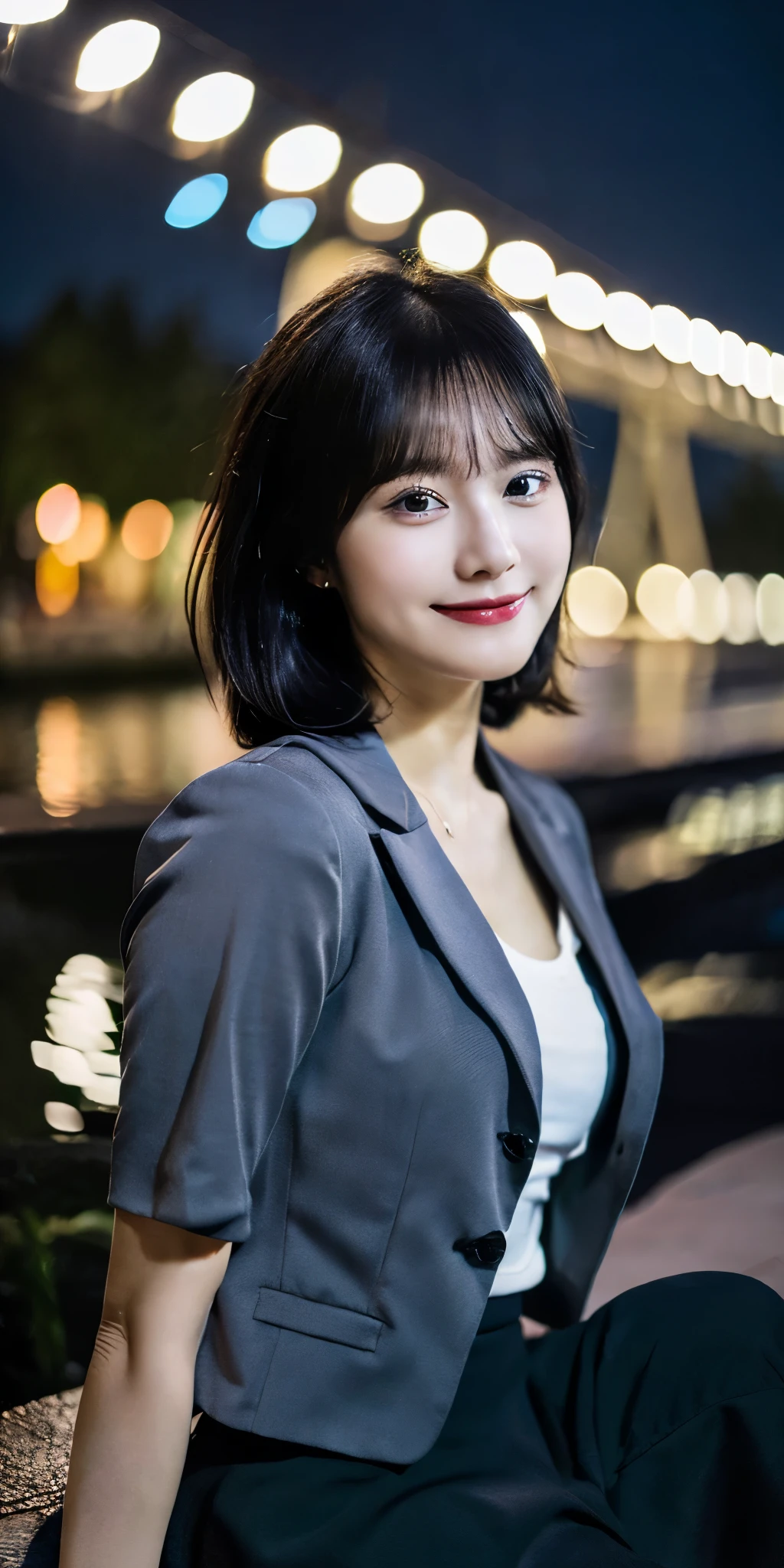 black hair, (8k, highest quality, masterpiece: 1.2), (realistic, realistic: 1.2), cute, alone, beautiful defined sky, night, Wet, Audience, (sit: 1.5), date, future, (nose brush), (smile: 1.15), (closed your mouth) small breasts, fine and beautiful eyes, (dark blonde: 1), (short hair: 1.1), Floating Hair novafrog Style, gray blazer, Button T-shirt, black mini skirt, compensate, (8k, RAW photo: 1.2), Surrealism, 8k, super detail