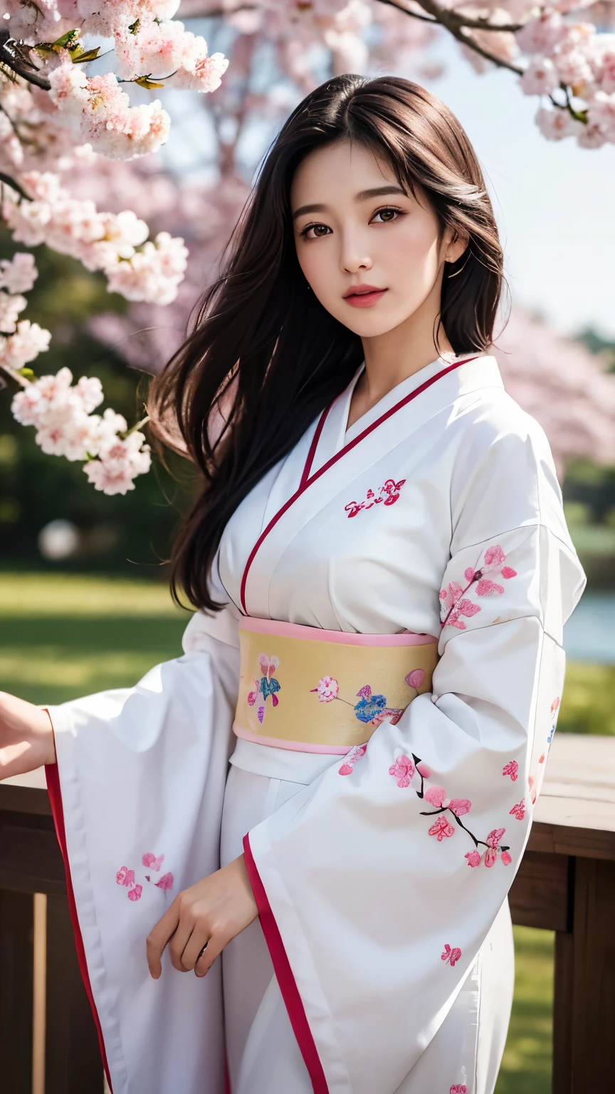 (logo、masterpiece、8k、table top、RAW photo、wonderful、最high quality、Photorealistic and hvery detailed CG integrated 8k wallpaper、high quality、very detailed、Narrative poem、particle effects、dynamic effects、written boundary depth、cinematic light、Lens flare、ray tracing)、fantasy、 (1 beautiful woman、white kimono、Japan Dress、white cherry blossom pattern、White cherry blossom embroidery pattern、black haired、beautiful face、real face、beautiful details eyes beautiful skin)、Hair flutters in Wind、hair bounces、pink cherry tree、petals dance、SakuraFubuki、wonderful景色、sunrise、sun on background、Wind、god々、teeth、god話、vast land、