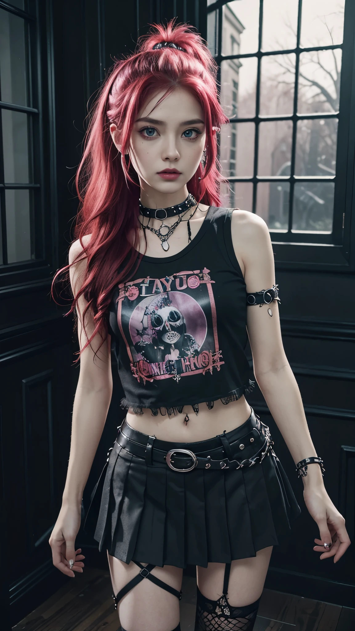 (Ultra-detailed eyes), (((textile shading))), (((Best Quality))), (((masutepiece))), (((Ultra-detailed CG))), sassy girl, (((magical ))), (), (tiny chest), red hair, red hair, red hair, red hair, Spooky Season In Punk hairstyle, ((messy hair,  gorgeous hair)), Pink eyes, (((Spooky Season In Punk Outfits))), ((spooky punk a pose)), (((Game CG)) (gorgeous, sassy, it girl), fancy jewelry, haunted house, dark day, strong Spooky Season In Punk atmosphere, strong haunted house atmosphere, cowboy shot, midshot, centered image, eye on camera, heart panel baby tee, black pleated mini skirt, pastel color