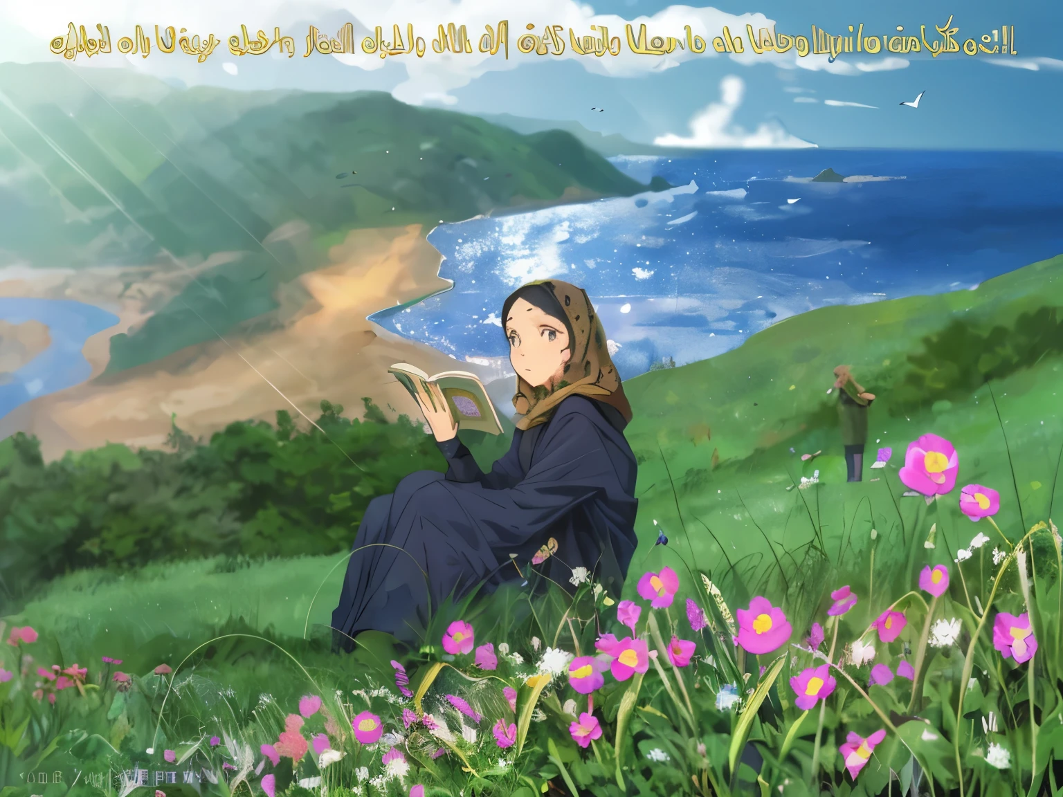 On a green plain sits a girl, veiled, reading a book, flowers, dew drops, blue sea, forest, bay, island, blue sky, clouds, seagulls.
BREAK The most appropriate effect for this scene is the watercolor technique of capturing the softness of the meadow and the fluidity of movement. A man far away plays with his young children