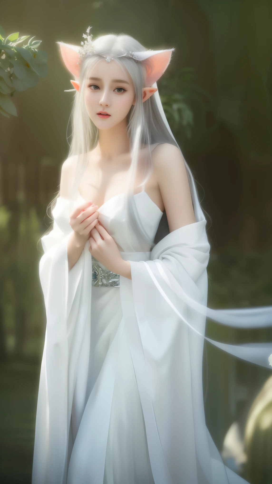 One wearing a white dress、Close up of cat-eared woman, ethereal beauty, Stunning young and ethereal figure, flowing white robe, flowing skirt, flowing magic robe, beautiful girl, Very beautiful elf top model, Beautiful digital art work, tall thin beautiful goddess, beautiful goddess, Beautiful fantasy girl, beautiful fantasy art, Smooth digital concept art, Smooth anime CG art