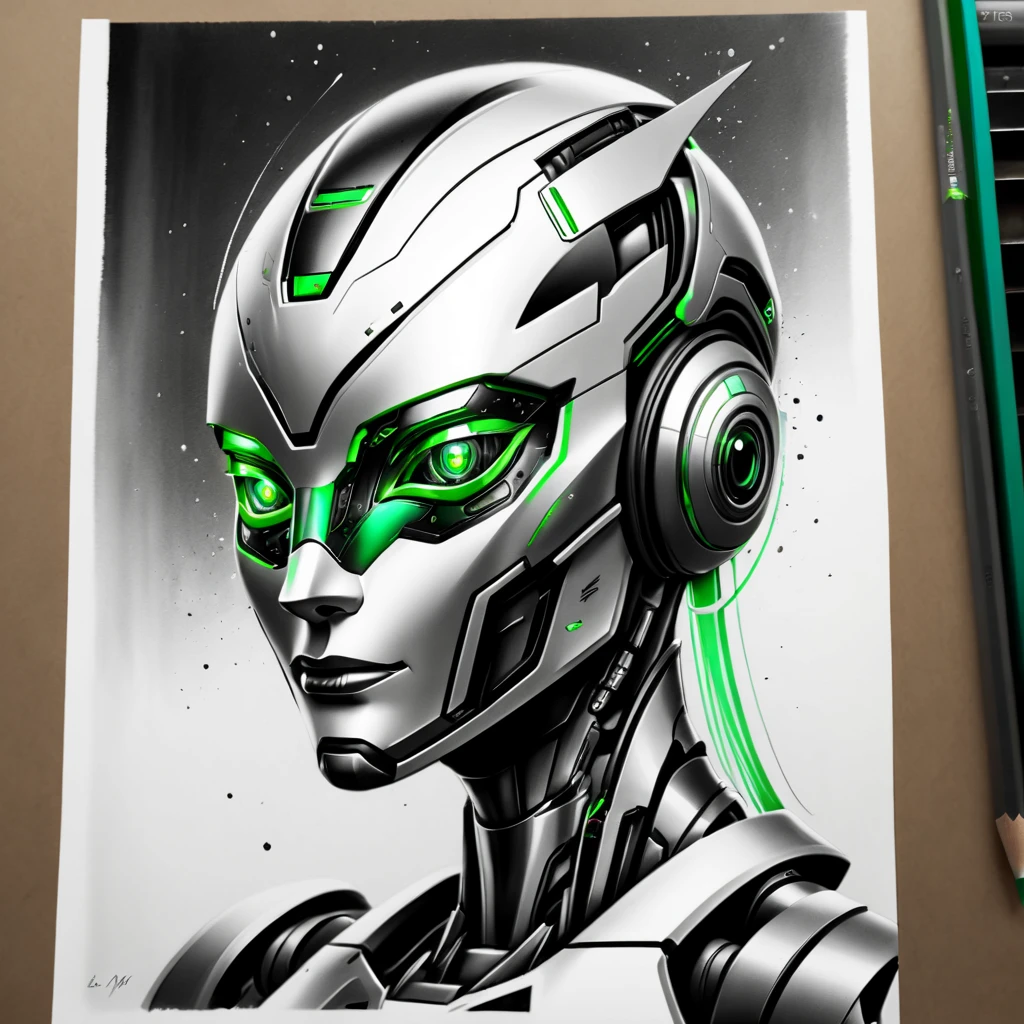 ，(character sketch:1.1)，(charcoal drawing:1.2)，Sketch，(pencil drawing:1.3)，Charcoal painting style，Black -white-green metal ，character sketch, high resolution, 1womanl, Solo, (Detailed face), kda，bioluminic, Black and white and green metal colors galactic cybernetic mask, (abstracted, Make a sketch of a robot with high technology:1.5), Part description, SH4G0D,