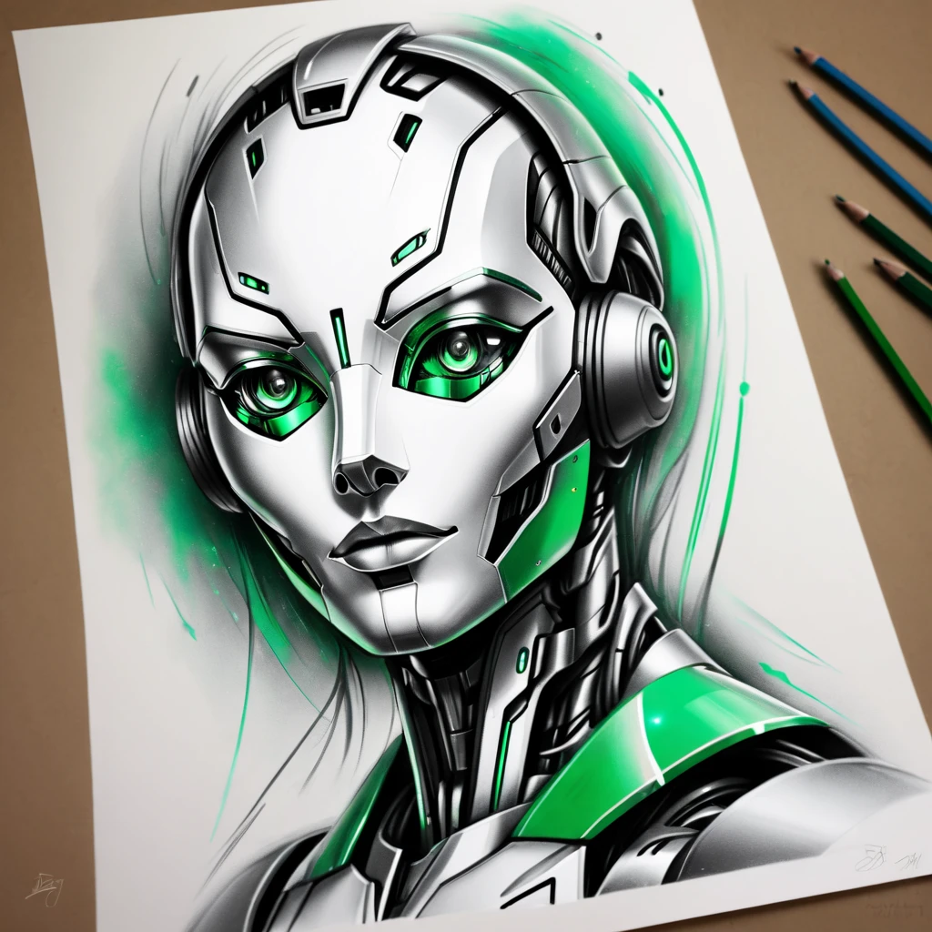 ，(character sketch:1.1)，(charcoal drawing:1.2)，Sketch，(pencil drawing:1.3)，Charcoal painting style，Black -white-green metal ，character sketch, high resolution, 1womanl, Solo, (Detailed face), kda，bioluminic, Black and white and green metal colors galactic cybernetic mask, (abstracted, Make a sketch of a robot with high technology:1.5), Part description, SH4G0D,