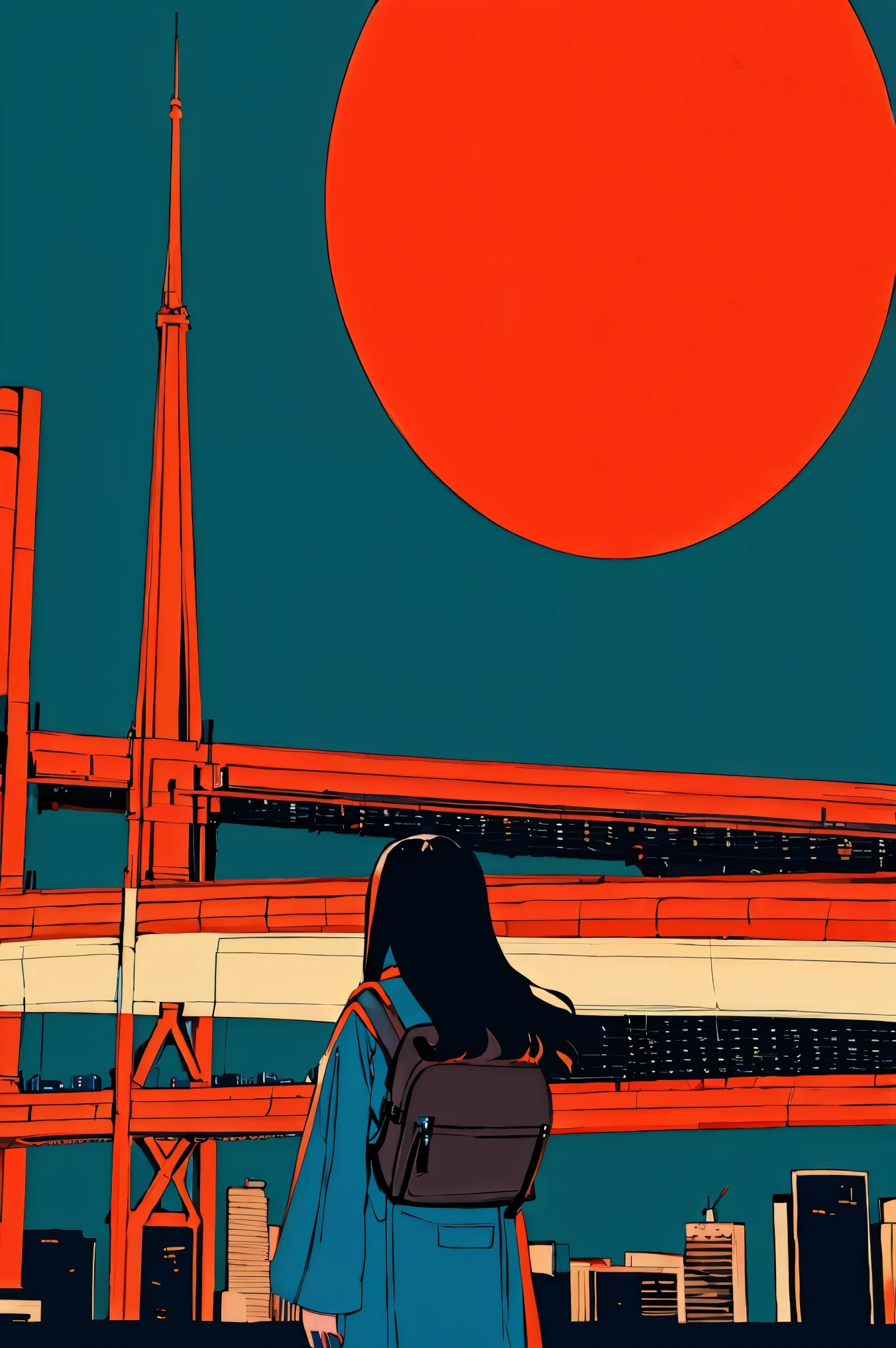 masterpiece, best quality, flat color, limited color palette, low contrast, (clear lines), 1 girl, long straight Black hair, Beautiful and delicate face,halo, Backpack looking into the distance, Permanently installed. smokes, night sky, City, Sunset, skyscraper, bridge, road sign, depth of field, boundary, Black, Red, tangerine, Brown, autumn, haze