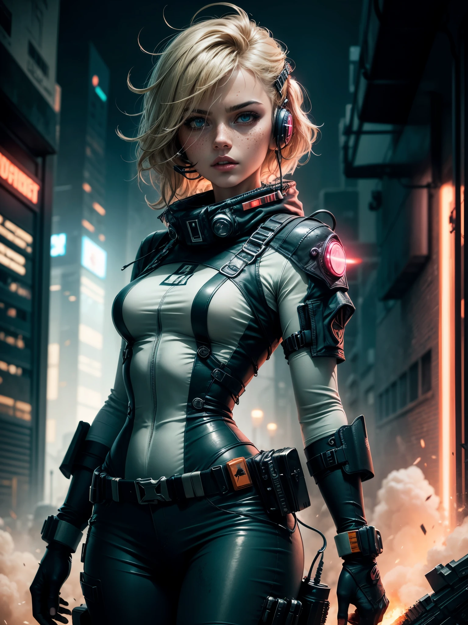 Comic art, limited-palette, ), adult (elven:0.7) woman, freckles, pink eyes, natural blonde messy hair,
style-rustmagic,  solo, upper body, looking down, detailed background, detailed face, (militaristic authoritarian dictatorship theme:1.1), cyberpunk soldier, gunner, wearing dark orange tactical vest, antenna, dirt, headset, wrist-mounted weapon, grenades, flag, calm,  taking cover,  movement, power-core, glowing gray neon lights, fleet of spaceships in background, hazy mist, bloom, cinematic atmosphere,
colorhalf00d,