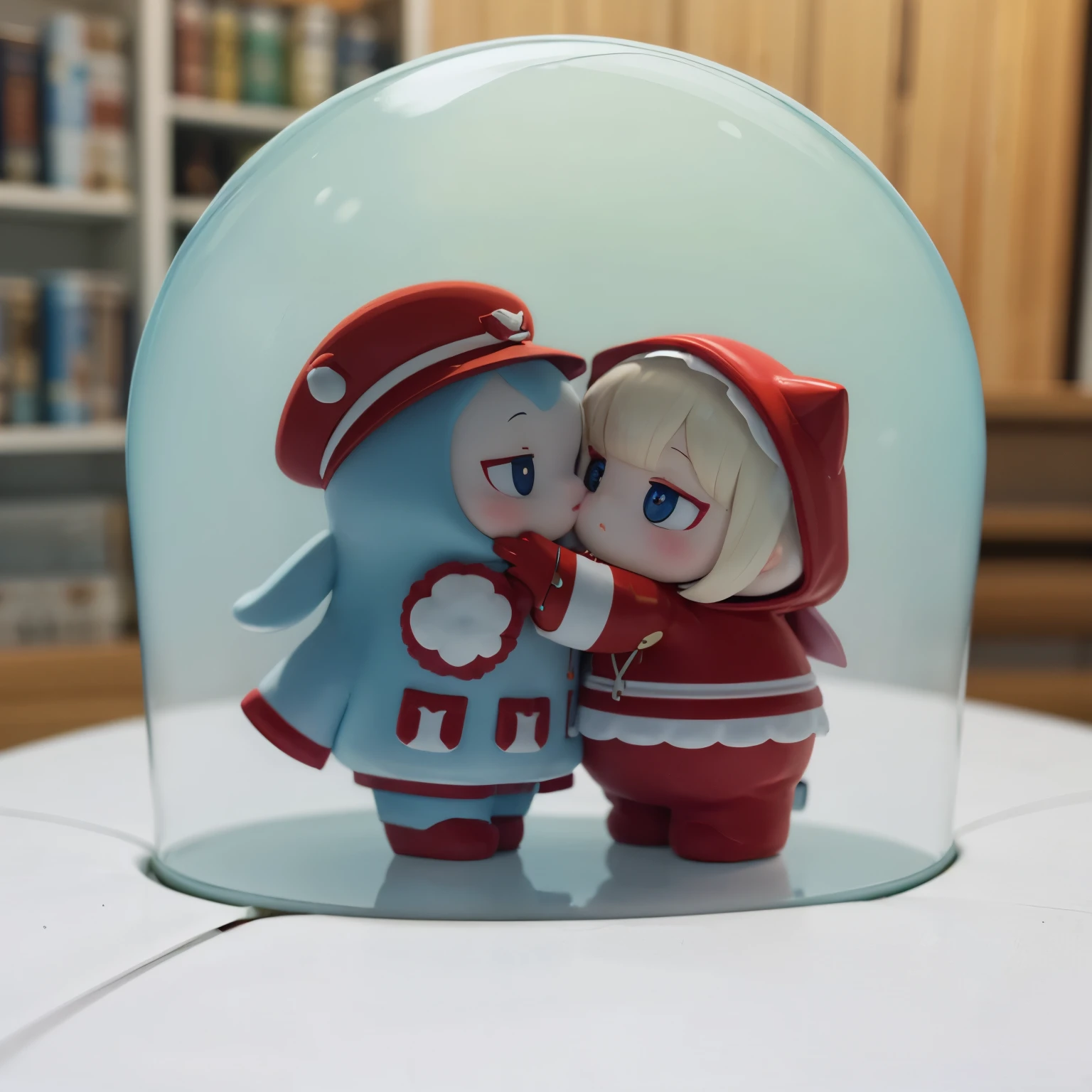 There is a kissing doll inside a dome-shaped transparent plastic case.