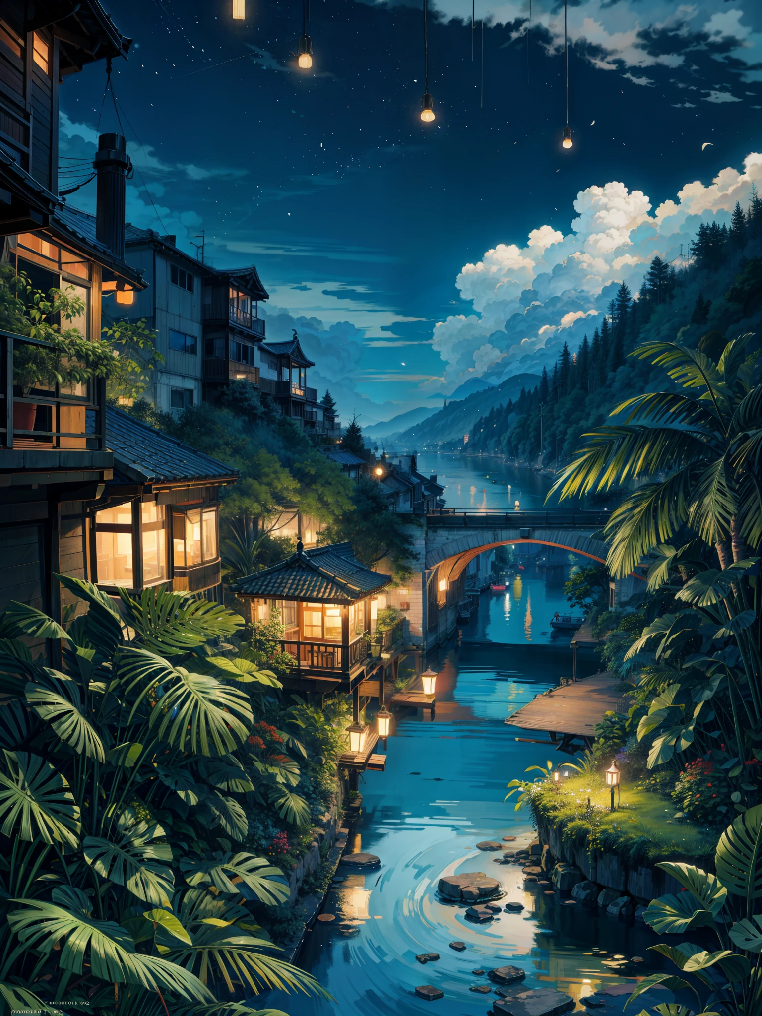 painting of a midnight Chongqing view, beautiful calm lofi vibe,monstera plant, hanging lights  ,chair,table 4k hd, cloud,beautiful art uhd 4 k, a beautiful artwork illustration, beautiful digital painting, highly detailed digital painting, beautiful digital artwork, detailed painting 4 k, very detailed digital painting, rich picturesque colors, gorgeous digital painting
