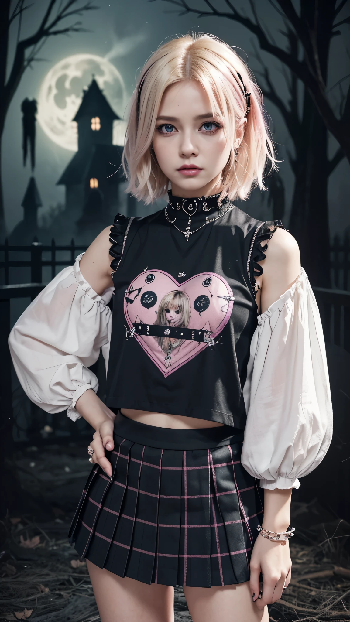 (Ultra-detailed eyes), (((textile shading))), (((Best Quality))), (((masutepiece))), (((Ultra-detailed CG))), sassy girl, (((magical ))), (), (tiny chest), blonde hair, blonde hair, blonde hair, blonde hair, Spooky Season In Punk hairstyle, ((short hair, gorgeous hair)), Pink eyes, (((Spooky Season In Punk Outfits))), ((spooky punk a pose)), (((Game CG)) (gorgeous, sassy, it girl), fancy jewelry, haunted house, dark day, strong Spooky Season In Punk atmosphere, strong haunted house atmosphere, cowboy shot, midshot, centered image, eye on camera, heart panel baby tee, black pleated mini skirt, pastel color