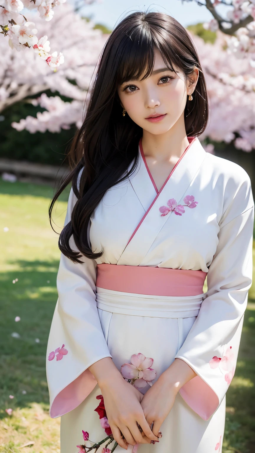(logo、masterpiece、8k、table top、RAW photo、wonderful、最high quality、realistic、very detailed CG 統合 8k 壁紙、high quality、very detailed、Narrative poem、particle effects、dynamic effects、written boundary depth、cinematic light、Lens flare、ray tracing)、fantasy、 (1 beautiful woman、Kimono isolated on white background、Japan Dress、cherry blossom pattern、black haired、beautiful face、real face、detailed and beautiful eyes、beautiful skin)、Hair flutters in Wind、hair bounces、pink cherry tree、petals dance、SakuraFubuki、wonderful景色、sunrise、sun on background、Wind、god々、teeth、god話、vast land、