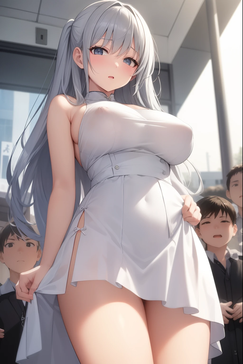 big breasts:1.2、、white dress、Grab the skirt with Hand Masterpiece、highest quality、very detailed、Very realistic eye masterpiece、highest quality、very detailed、1 girl、NSFW、nipple、avoid、See-through、outdoors、crowd、gray hair、No panties、from below、pussy、love juice、big breasts、center of attention、white sundress、、shoulder strap、真from below、lift the skirt with one 手、embarrassed look、in front of people、sit、from below、