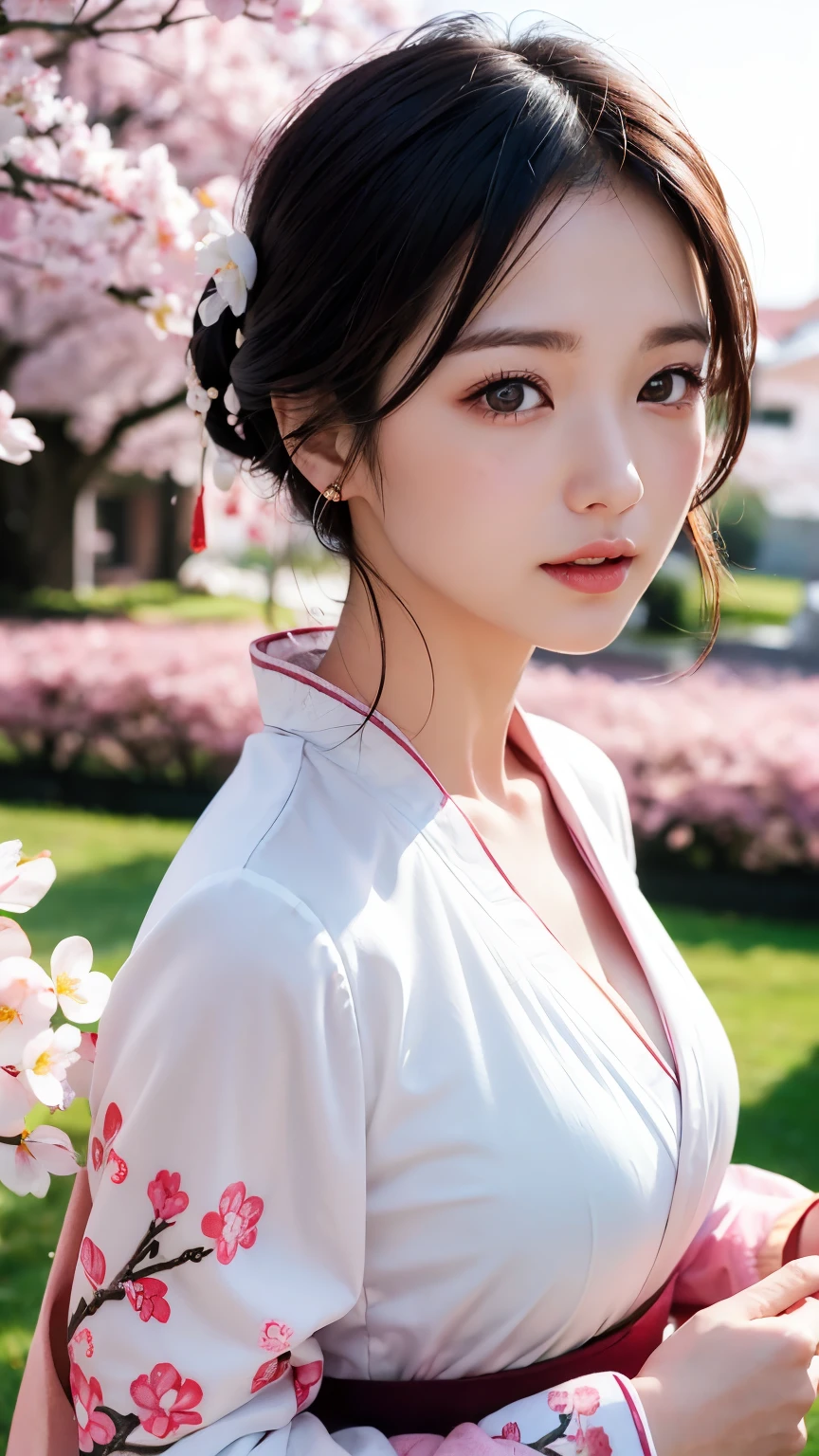 (logo、masterpiece、8k、table top、RAW photo、wonderful、最high quality、realistic、very detailed CG 統合 8k 壁紙、high quality、very detailed、Narrative poem、particle effects、dynamic effects、written boundary depth、cinematic light、Lens flare、ray tracing)、fantasy、 (1 beautiful woman、Kimono isolated on white background、Japan Dress、cherry blossom pattern、black haired、beautiful face、real face、detailed and beautiful eyes、beautiful skin)、Hair flutters in Wind、hair bounces、pink cherry tree、petals dance、SakuraFubuki、wonderful景色、sunrise、sun on background、Wind、god々、teeth、god話、vast land、
