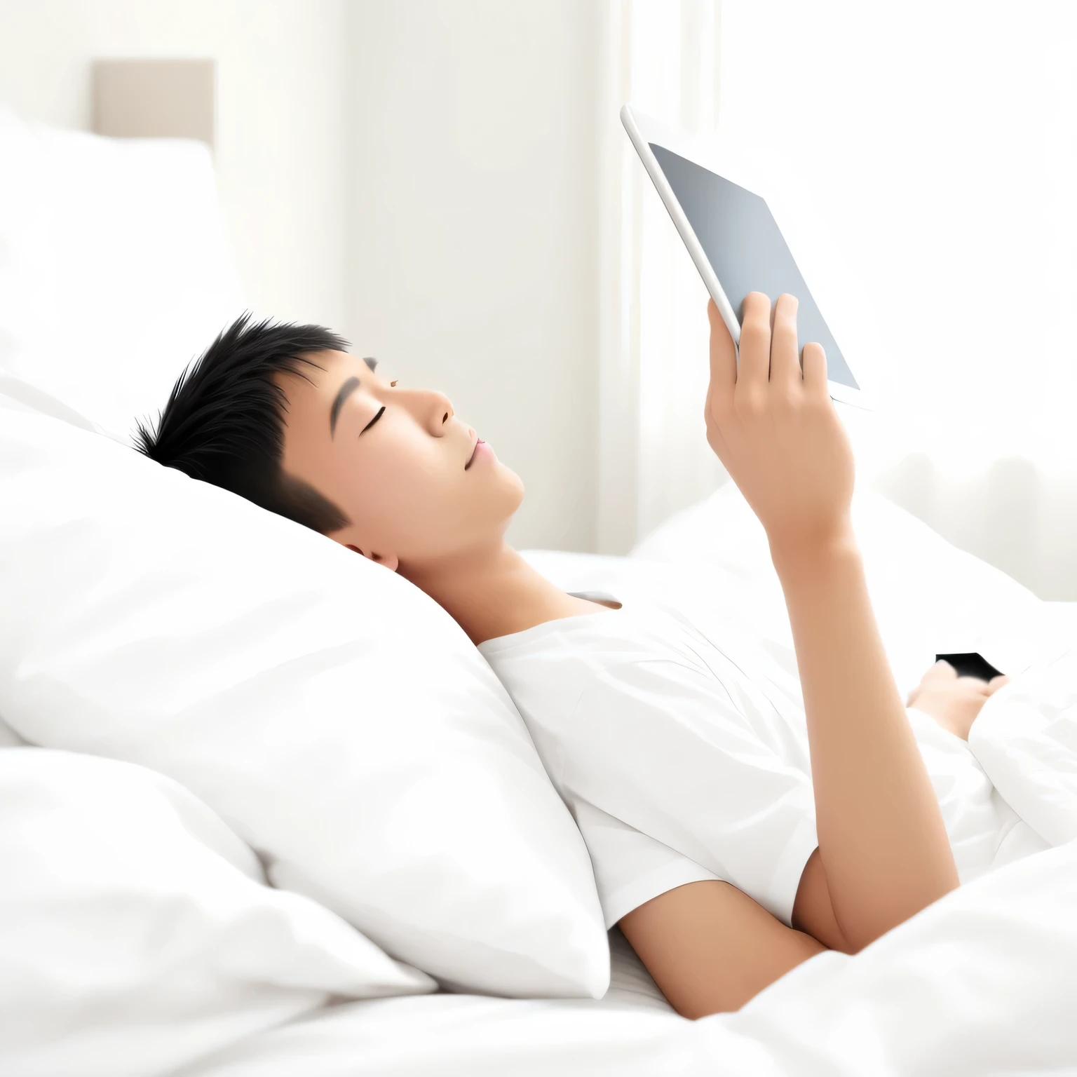 an asian boy,Lying in bed looking at tablet