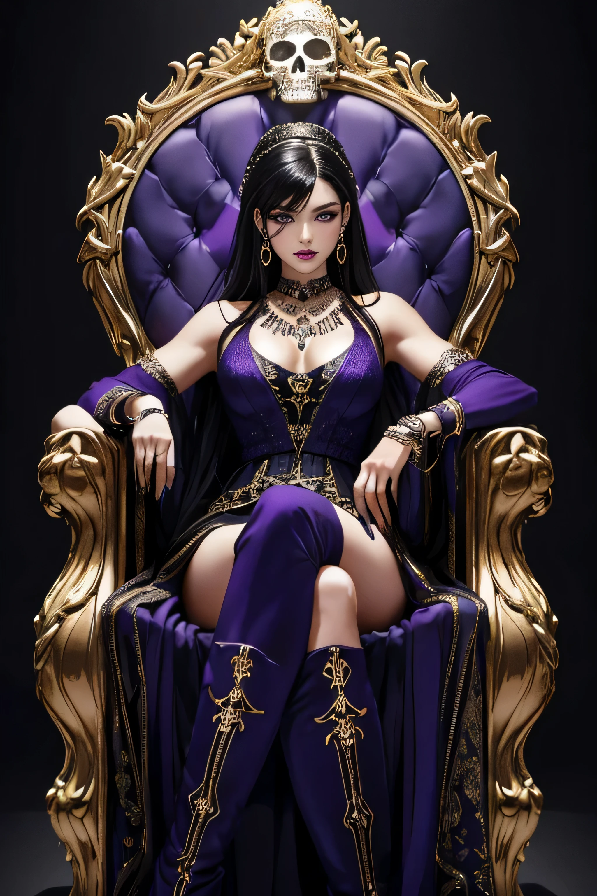 ( Masterpiece, 4k resolution, ultra-realistic, very detailed) a beautiful sexy evil woman with raven black hair, purple eyes, dark purple lips, golden hula hoop earings, a demonic skull necklece reveling dark blue dress with purple insides, sleeveless, with an opening on the chest and abdomen, dark blue boots, small chains accessories on her arms, black ring bracelets on her wrists (she is siting on a throne of skulls) full body in the style of realism, glistening skin, , natural lighting, Defined full lips. fitness feminine body. portrait photography by artgerm, in the style of realism, glistening skin, , natural lighting, Defined full lips. Muscular fitness feminine body,