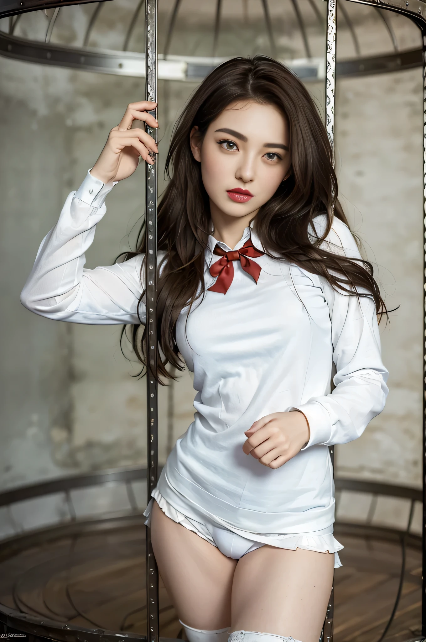 mini person、(in_cage)、((best high quality:1.35)),((photo realistic:1.45),(Hyperrealism:1.45)),((sharp focus)),(highest resolution),Live shooting、real、photorealistic、very delicate and beautiful、fine details、1 female、((Super beautiful face:1.3)),((realistic face)),((Highest details face:1.4)),(adult face)、((brown_eyes:1.4)),(perfect round eyes),(finely detailed eyes detailed pupils),((realistic eyes)),((highly detailed eyes:1.45)),((highly detailed lips)),(red lipstick:1.27),((best quality texture hair:1.3)),((highly detailed hair:1.3)),18 year old high school girl、(perfect female body:1.4),((Super beautiful body)),(white panties:1.2)、(spread your legs to the side)、(high school uniform)、(Plaid pleated skirt)、(Dark blue school sweater)、white shirt、brown hair、wearing makeup、(At SFW)