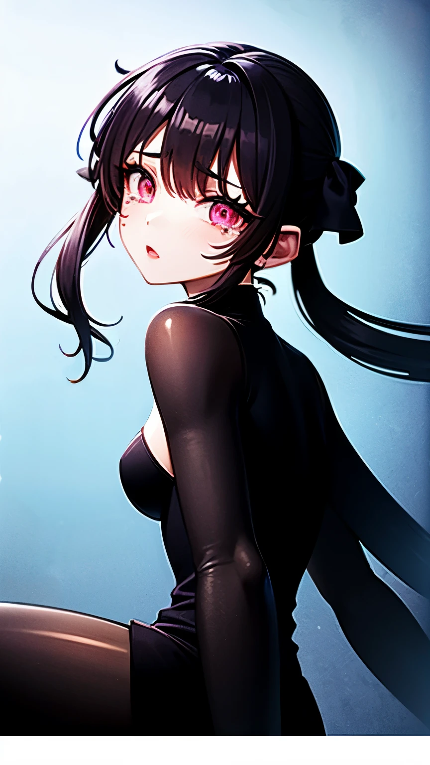 1 girl ,(big Stigmata) , ruined church, bloody rosary , (floating hair, floating skirt), ((blood sea)),from side, character focus, ((black light)),((dark lighting)), cinematic lighting ,(darkness), (concept art), ((rape face)) ,black long straight hair, black hair, pigtail hairstyles, long straight pigtails, hair ribbon , red eyes color, short black dress, tight black dress, absolute territory, thigh high socks, (glowing eyes), high resolution,(incredibly absurdres) ,extremely detailed CG unity 8k wallpaper, ((masterpiece)), ((top-quality)), (beautiful illustration), ((an extremely delicate and beautiful)), (masterpiece, Best quality, ultra high resolution), Black hair, pale skin, Black Crown, red eyes, Luminous_eyes, neon eyes, ultra detailed eyes, Beautiful and detailed face, detailed eyes, (Centered, torso), (tears), (wide shot:0.9), facing the viewer, Eye levell