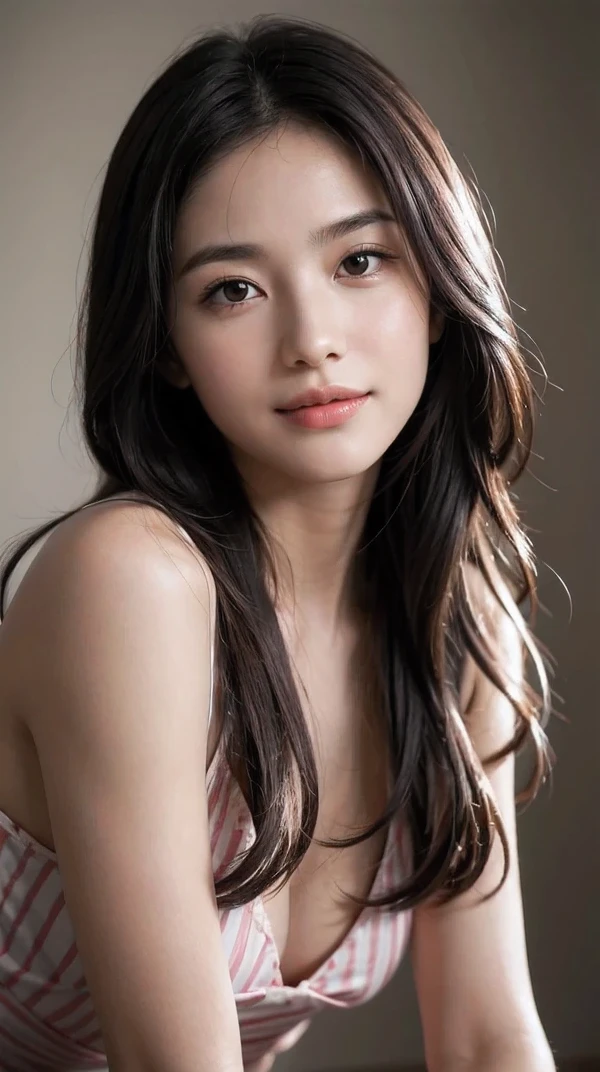 (RAW photo, highest quality)(8k, highest quality, masterpiece: 1.2), Super detailed, super resolution, (realistic, realistic photo: 1.37), portrait, High resolution RAW color photos, professional photos, Beautiful in high resolution, very delicate and beautiful, 8k image wallpaper, amazing details, huge file size, high detailed beautiful girl, Super detailed face, very fine eyes, Very fine skin, very small nose, highly detailed mouth, perfect anatomy, simple background, 1 girl, (20:1.2), 20 generations, pretty girl, smile, like an idol, realistic body, glowing skin, wavy black hair, baby face, lively face, delicate eyes, source order, look at me, ((positive)), (Fair skin), waist shot, bangs, round face, smile, close up of face, very delicate and beautiful, finely, masterpiece,