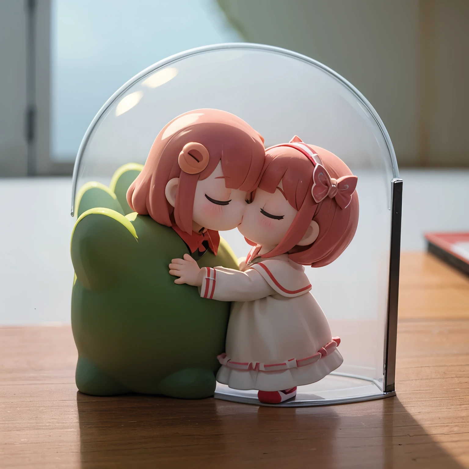 There is a kissing doll inside a dome-shaped transparent plastic case.