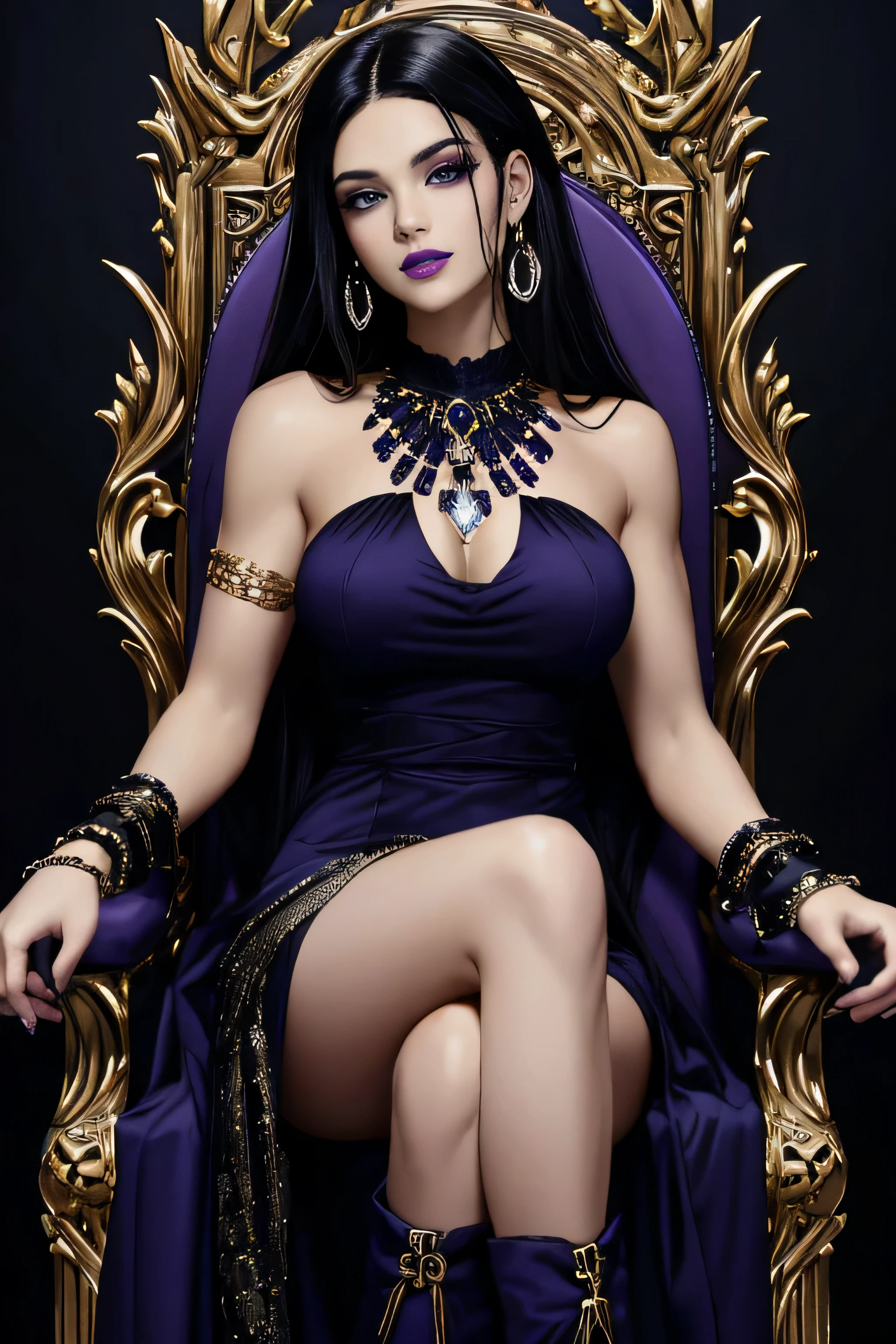 ( Masterpiece, 4k resolution, ultra-realistic, very detailed) a beautiful sexy evil woman with raven black hair, purple eyes, dark purple lips, golden hula hoop earings, a demonic skull necklece reveling dark blue dress with purple insides, sleeveless, with an opening on the chest and abdomen, dark blue boots, small chains accessories on her arms, black ring bracelets on her wrists (she is siting on a throne of skulls) full body in the style of realism, glistening skin, , natural lighting, Defined full lips. fitness feminine body. portrait photography by artgerm, in the style of realism, glistening skin, , natural lighting, Defined full lips. Muscular fitness feminine body,