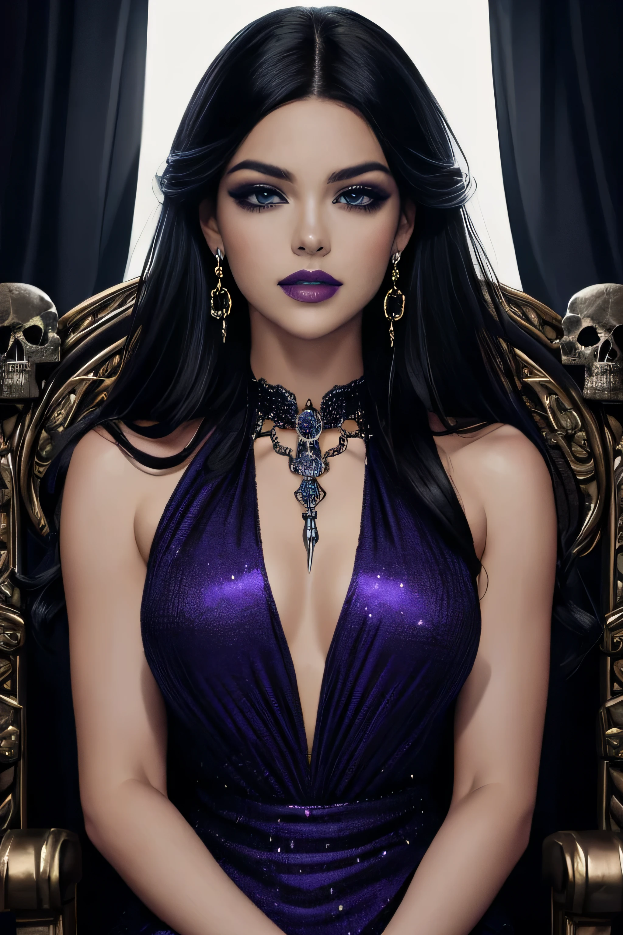 ( Masterpiece, 4k resolution, ultra-realistic, very detailed) a beautiful sexy evil woman with raven black hair, purple eyes, dark purple lips, golden hula hoop earings, a demonic skull necklece reveling dark blue dress with purple insides, sleeveless, with an opening on the chest and abdomen, dark blue boots, small chains accessories on her arms, black ring bracelets on her wrists (she is siting on a throne of skulls) full body in the style of realism, glistening skin, , natural lighting, Defined full lips. fitness feminine body. portrait photography by artgerm, in the style of realism, glistening skin, , natural lighting, Defined full lips. Muscular fitness feminine body,