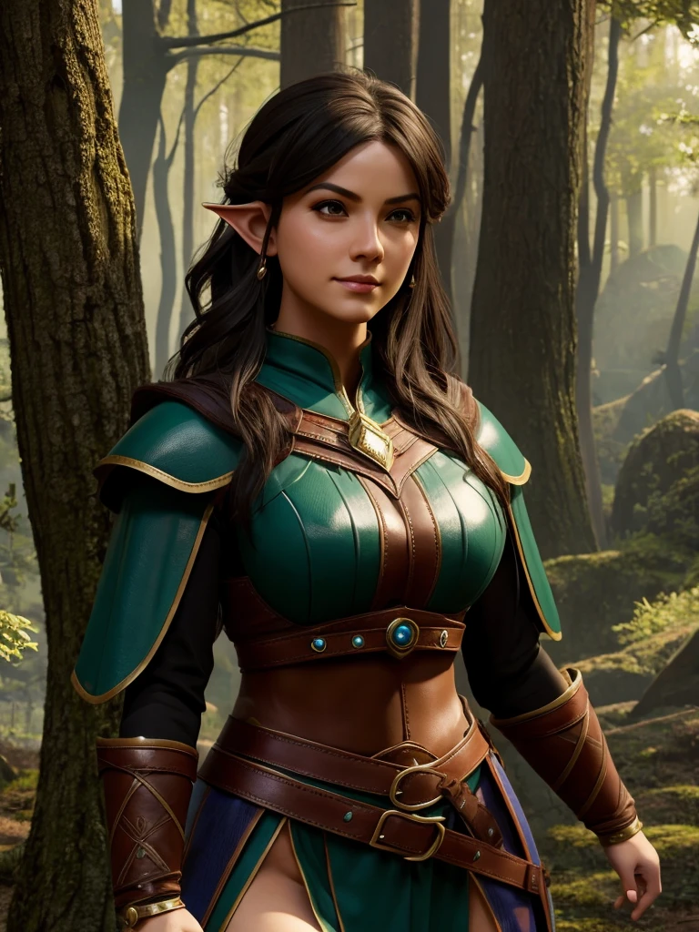 rpg, elfgirl, strong, leather armor, forest background, D&D, fantasy, highly detailed, digital painting, HD, artstation, concept art, smooth, sharp focus, illustration,