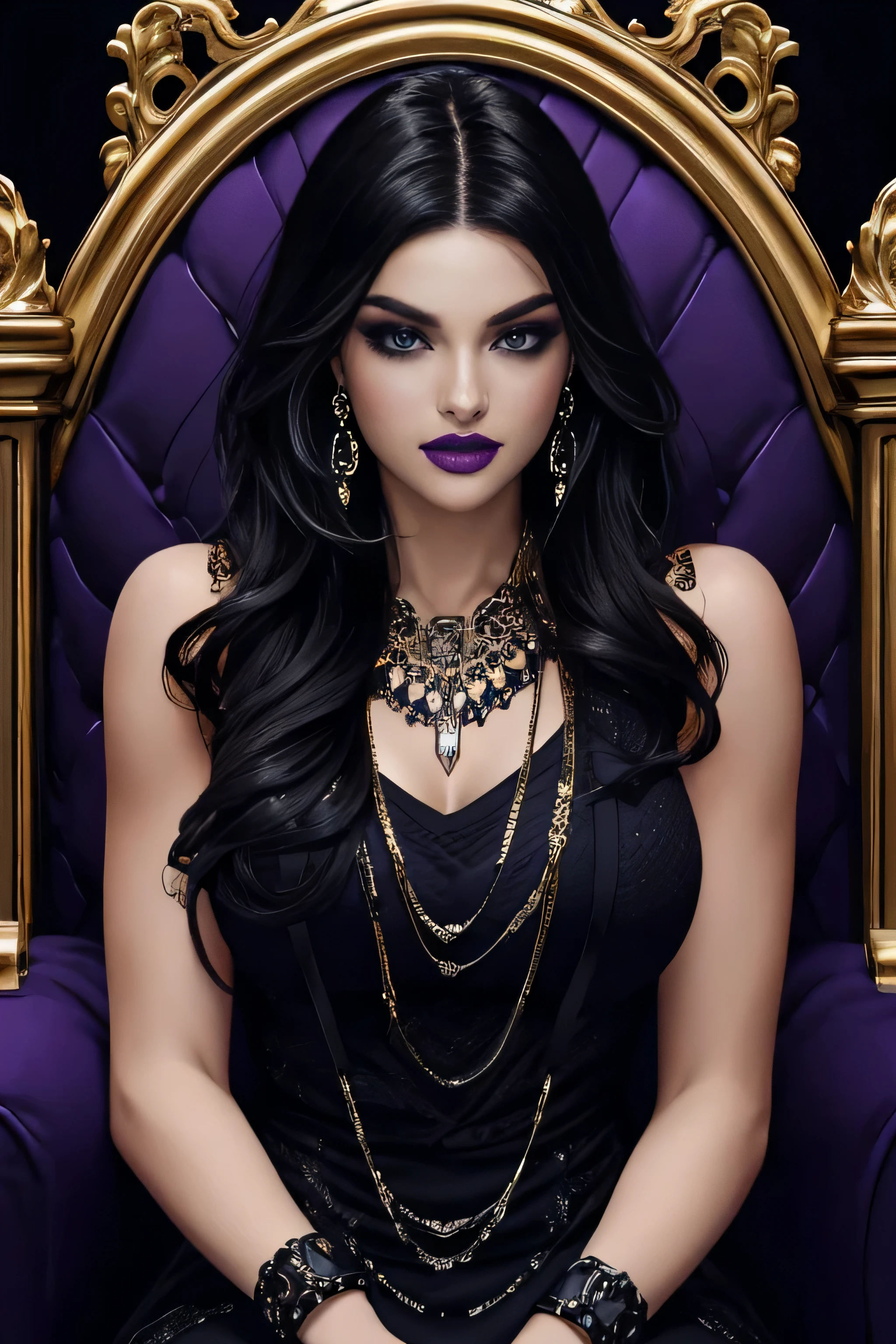 ( Masterpiece, 4k resolution, ultra-realistic, very detailed) a beautiful sexy evil woman with raven black hair, purple eyes, dark purple lips, golden hula hoop earings, a demonic skull necklece reveling dark blue dress with purple insides, sleeveless, with an opening on the chest and abdomen, dark blue boots, small chains accessories on her arms, black ring bracelets on her wrists (she is siting on a throne of skulls) full body in the style of realism, glistening skin, , natural lighting, Defined full lips. fitness feminine body. portrait photography by artgerm, in the style of realism, glistening skin, , natural lighting, Defined full lips. Muscular fitness feminine body,