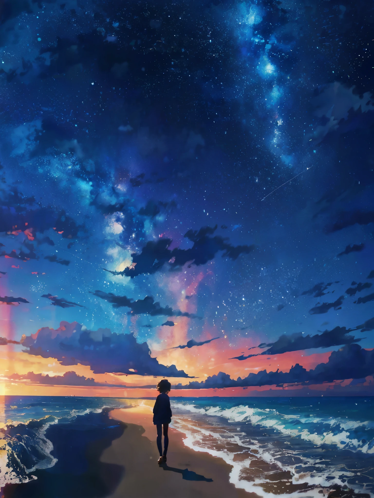 Starry night sky on the beach,There is a body of water, Cosmos Sky. By Makoto Shinkai, anime backgrounds, beautiful anime scenes, anime beautiful peace scene, Makoto Shinkai. —h 2160, ( ( Makoto Shinkai ) ), Makoto Shinkai!!, Makoto Shinkai!, Anime background art, beautiful anime scenery