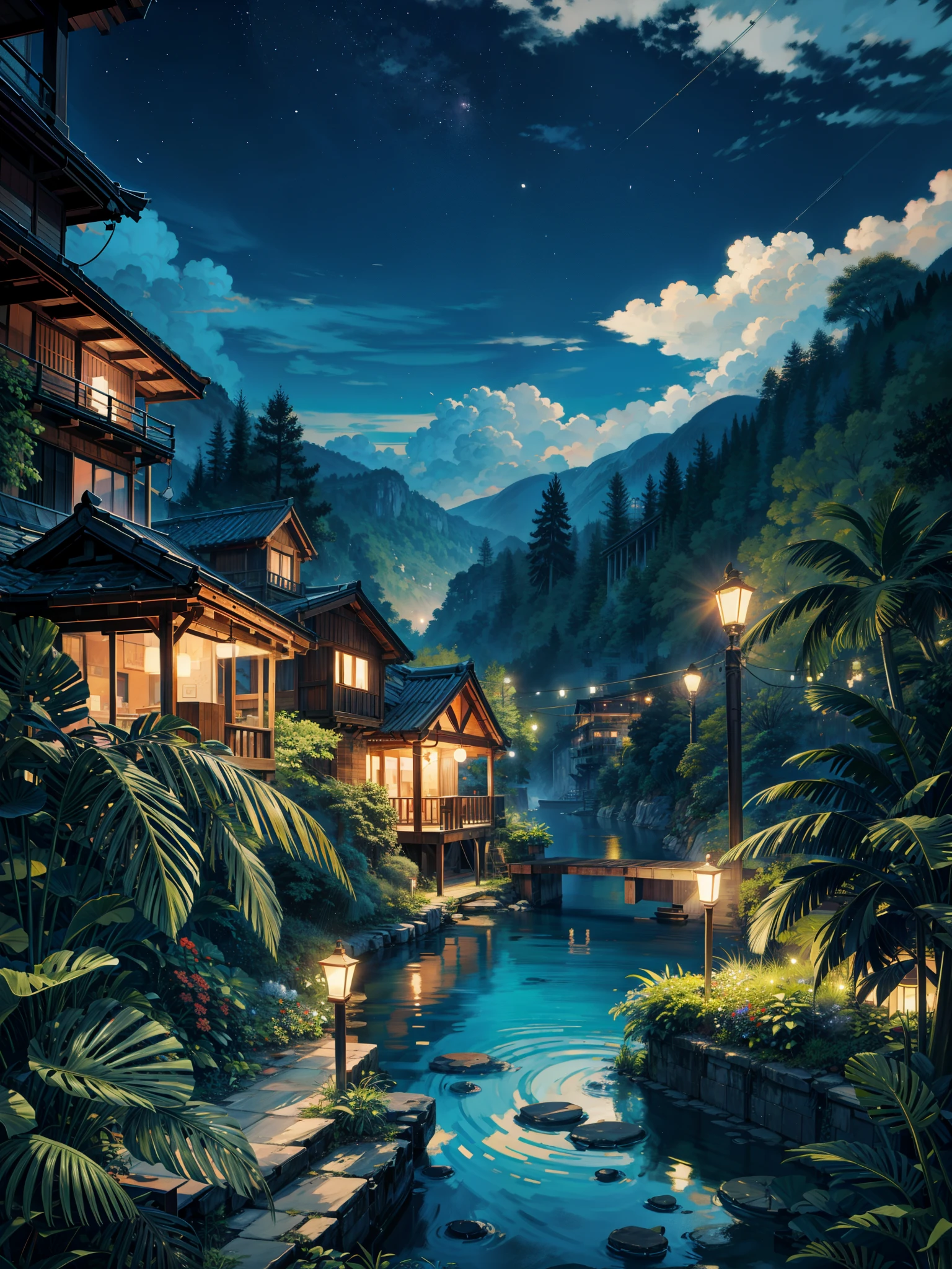 painting of a midnight Chongqing view, beautiful calm lofi vibe,monstera plant, hanging lights ,chair,table 4k hd, cloud,beautiful art uhd 4 k, a beautiful artwork illustration, beautiful digital painting, highly detailed digital painting, beautiful digital artwork, detailed painting 4 k, very detailed digital painting, rich picturesque colors, gorgeous digital painting