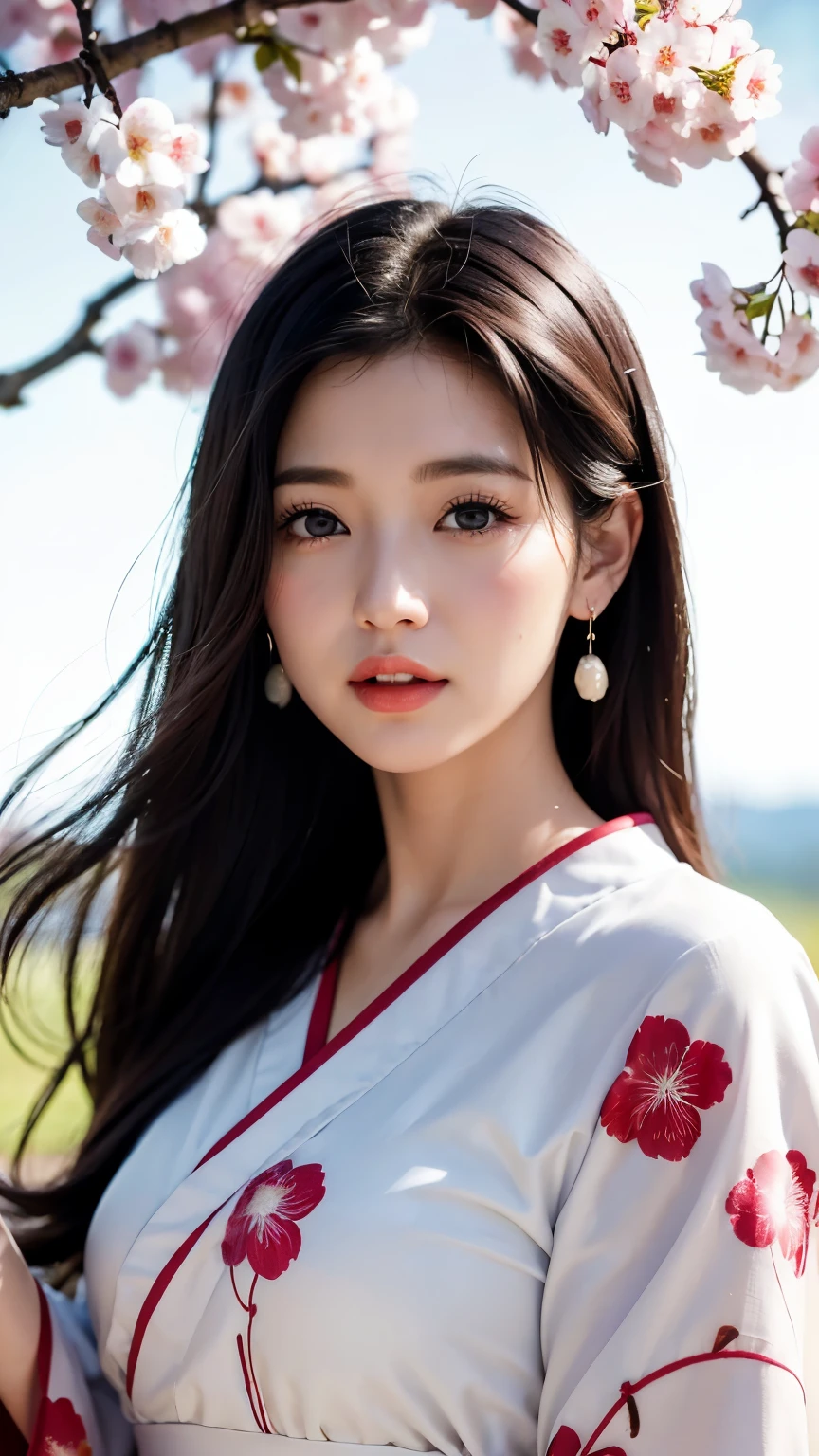 (logo、masterpiece、8k、table top、RAW photo、wonderful、最high quality、realistic、very detailed CG 統合 8k 壁紙、high quality、very detailed、Narrative poem、particle effects、dynamic effects、written boundary depth、cinematic light、Lens flare、ray tracing)、fantasy、 (1 beautiful woman、Kimono isolated on white background、Japan Dress、cherry blossom pattern、black haired、beautiful face、real face、detailed and beautiful eyes、beautiful skin)、Hair flutters in Wind、hair bounces、pink cherry tree、petals dance、SakuraFubuki、wonderful景色、sunrise、sun on background、Wind、god々、teeth、god話、vast land、