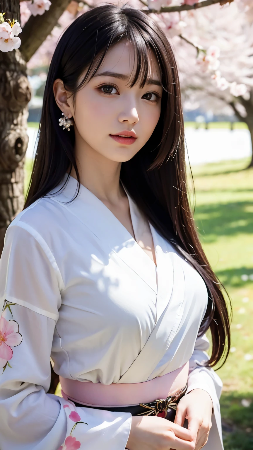 (logo、masterpiece、8k、table top、RAW photo、wonderful、最high quality、realistic、very detailed CG 統合 8k 壁紙、high quality、very detailed、Narrative poem、particle effects、dynamic effects、written boundary depth、cinematic light、Lens flare、ray tracing)、fantasy、 (1 beautiful woman、Kimono isolated on white background、Japan Dress、cherry blossom pattern、black haired、beautiful face、real face、detailed and beautiful eyes、beautiful skin)、Hair flutters in Wind、hair bounces、pink cherry tree、petals dance、SakuraFubuki、wonderful景色、sunrise、sun on background、Wind、god々、teeth、god話、vast land、