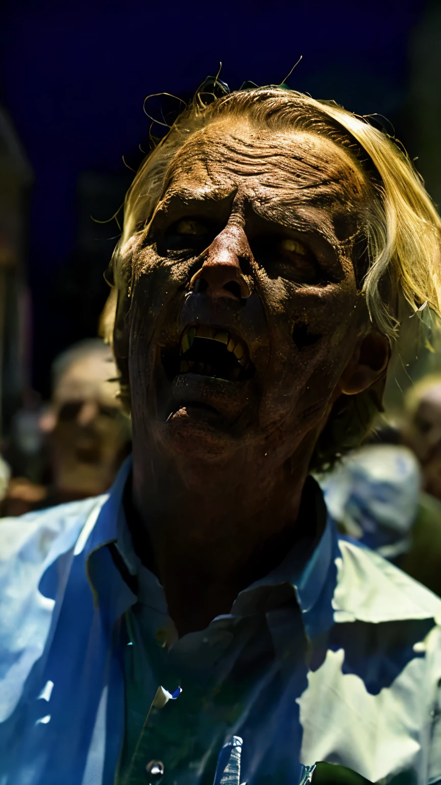 (masterpiece, best quality:1.2), ((RAW photo, Best quality)), (Realistic, photo-realistic:1.2) a zombie old man ((corpsy body)), hottinig, blond, ((Exposed brain)), night. ((Horror, creepy)), (((White eyes))), angry. ((Pale or greenish skin)), wounds, empty eyes, torn clothes, slow movements, guttural noises, aggressive and cannibalistic behavior. Cinematic lighting.